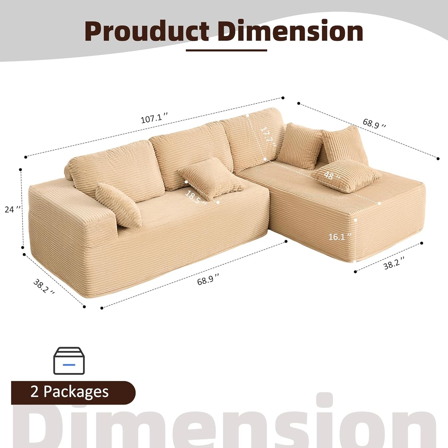 107" Boneless Couch with Deep Seat Cloud Sectional Couch for Living Room