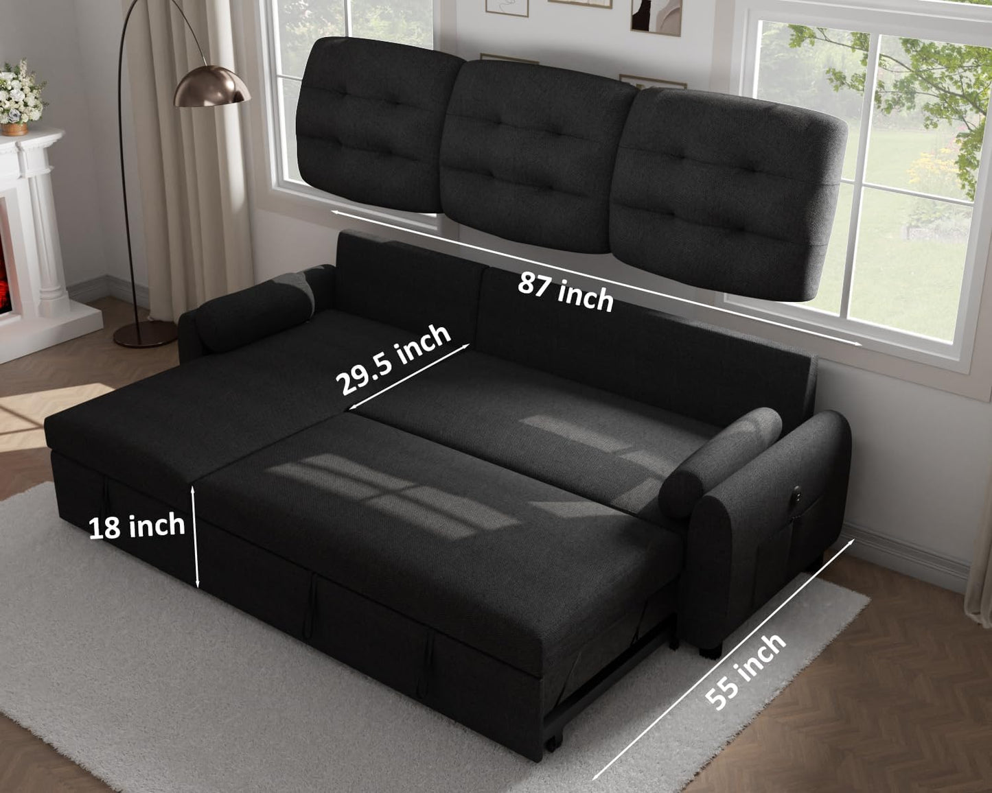 Sectional Sleeper Sofa with Storage Chaise USB Port, Side Pocket Removable Back 87" Couch in Black Linen