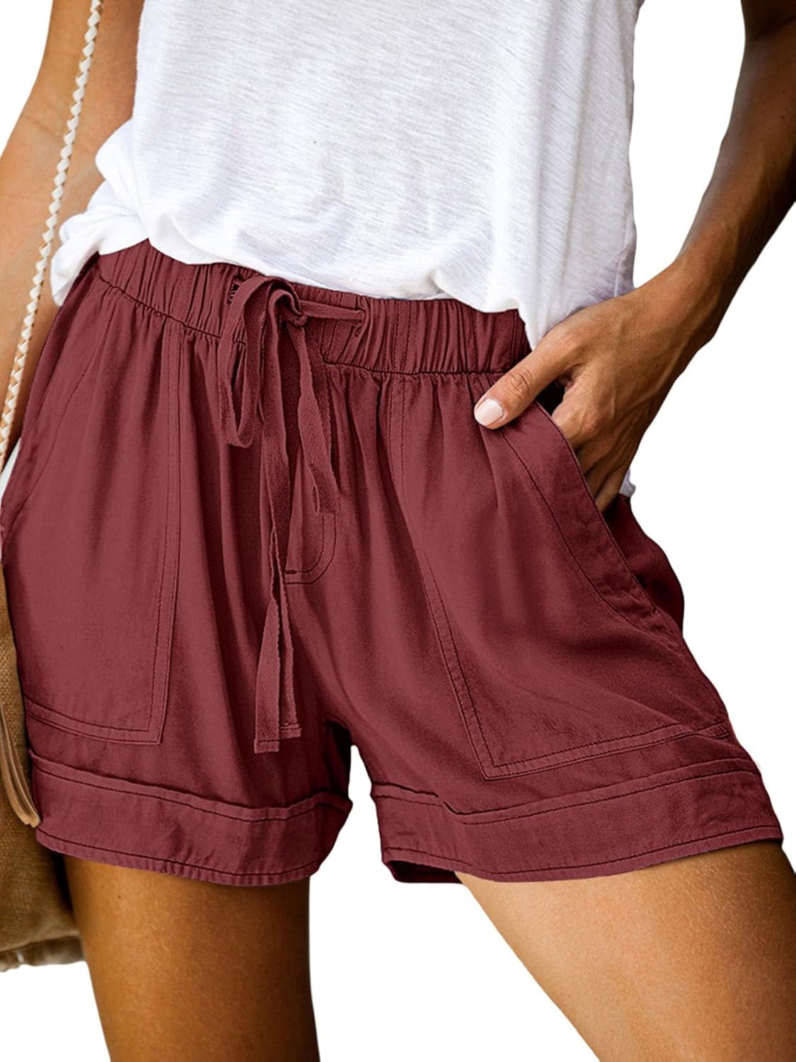 Womens Shorts Summer Comfy Cotton Elastic Waist Drawstring Casual Shorts with Pockets