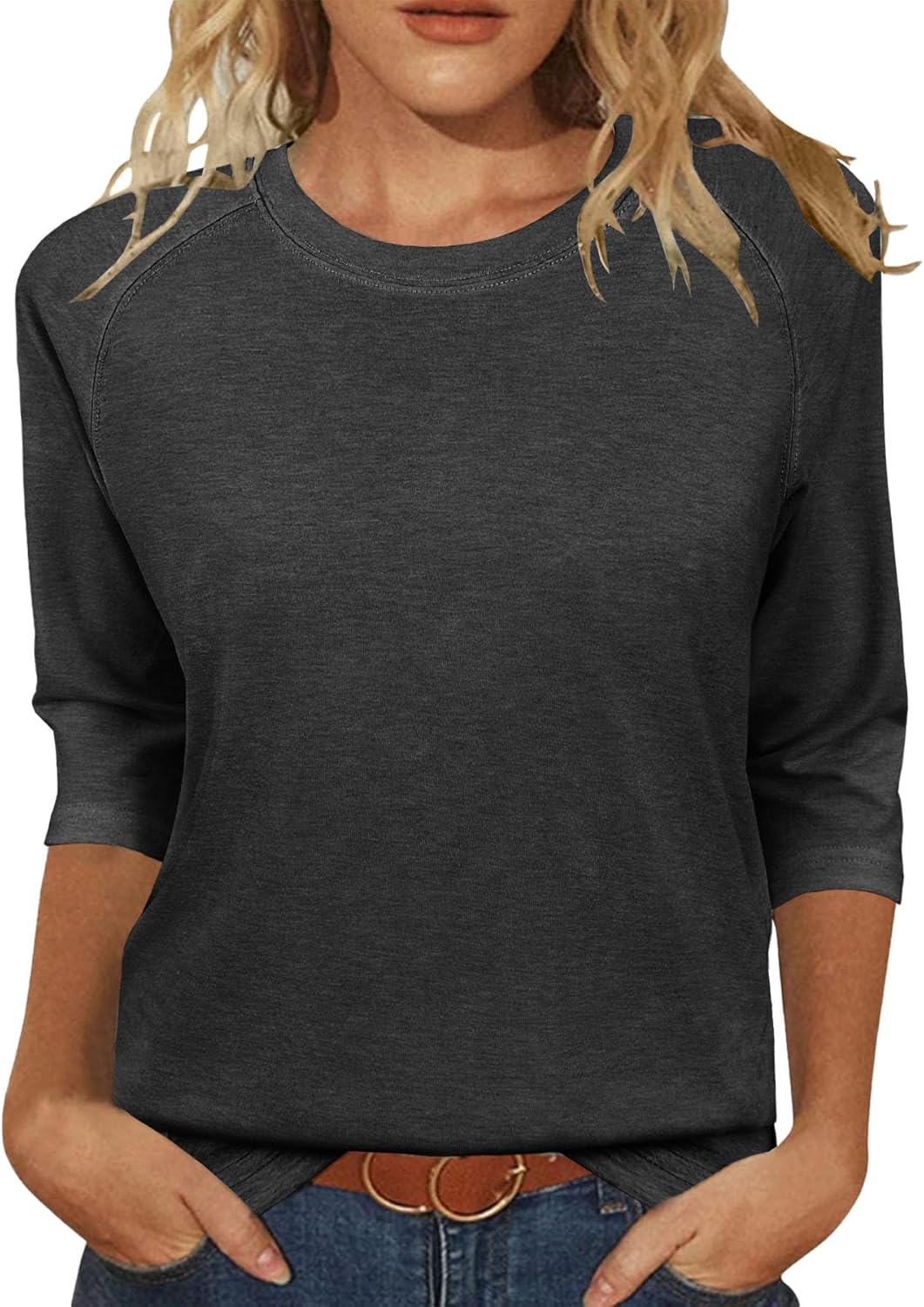3/4 Sleeve Crew Neck Shirts Loose Fit Tunic Blouses Summer Tees