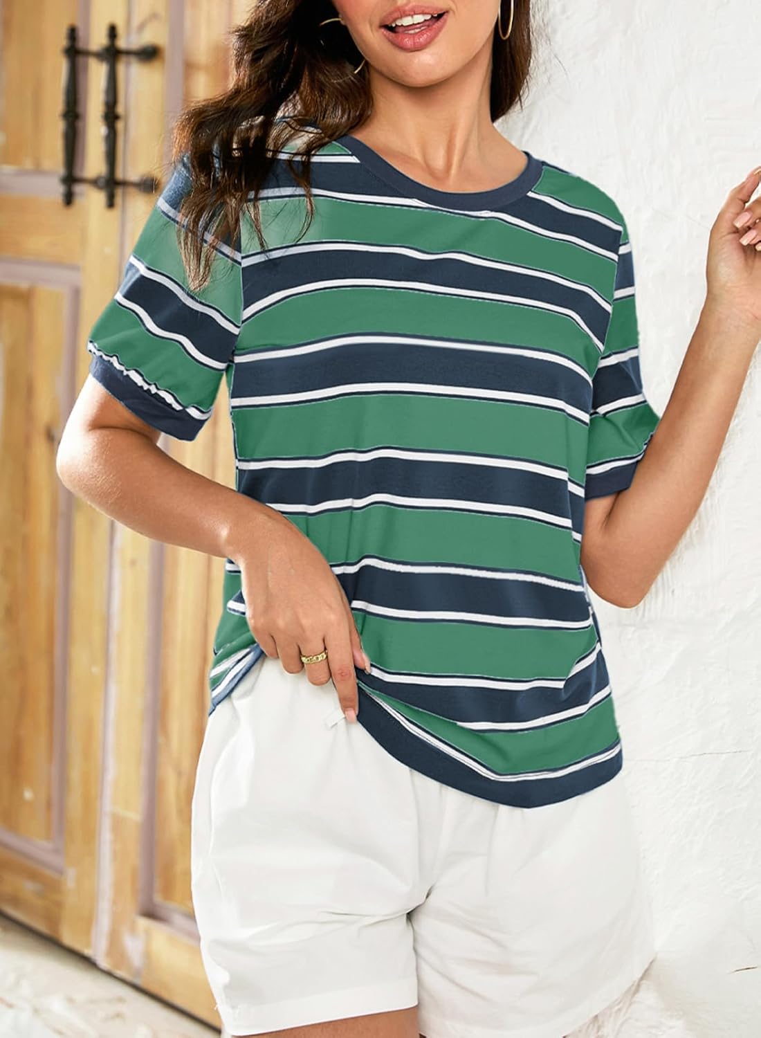 Striped Color Block Short Sleeve T-Shirts Crewneck Casual Loose Basic Tee Blouses