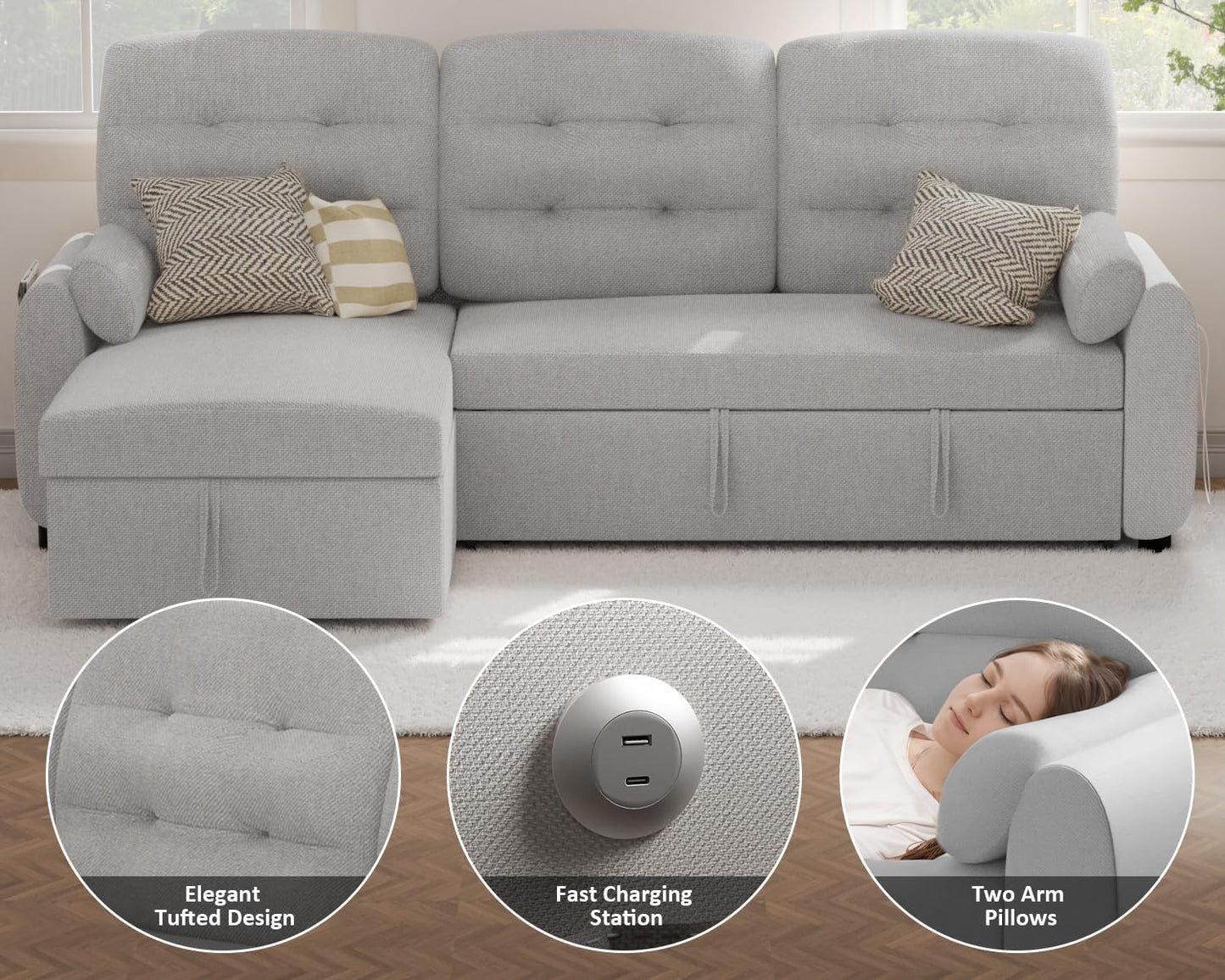 Sectional Sleeper Sofa with Storage Chaise USB Port, Side Pocket Removable Back 87" Couch in Black Linen