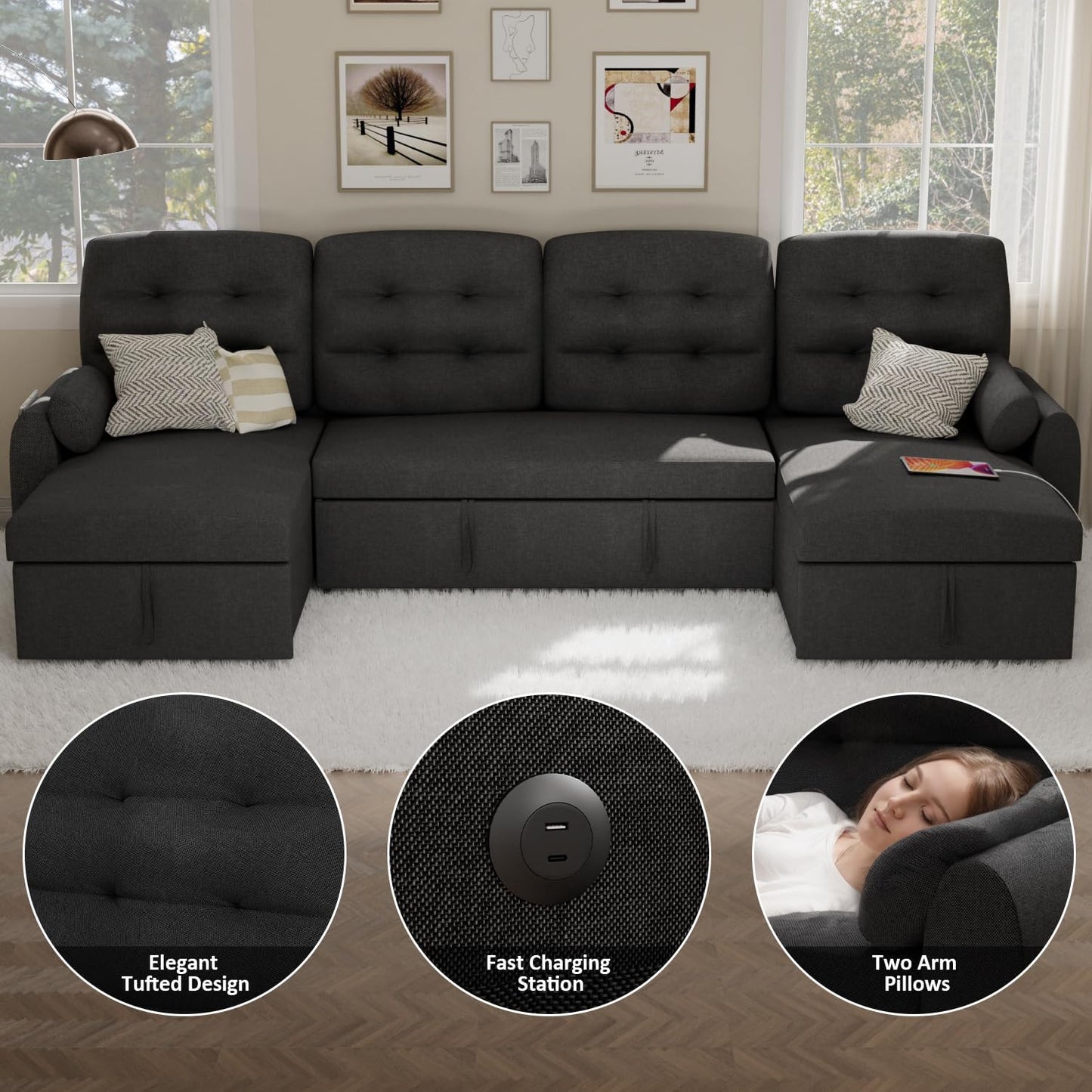 Sectional Sleeper Sofa with Storage Chaise USB Port, Side Pocket Removable Back 87" Couch in Black Linen