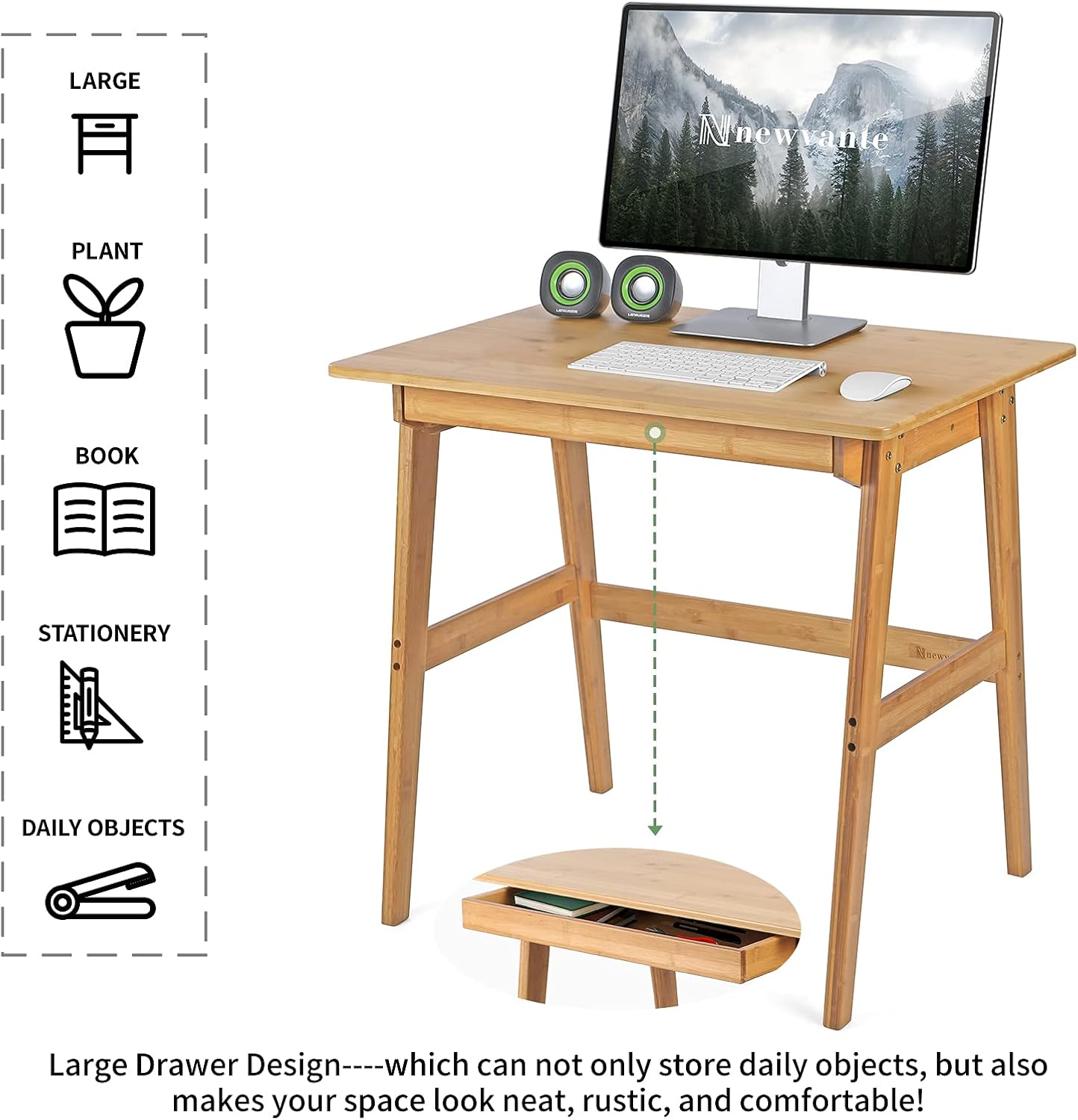 Writing Computer Desk 46" Bamboo Home Office Table with 2 Drawers