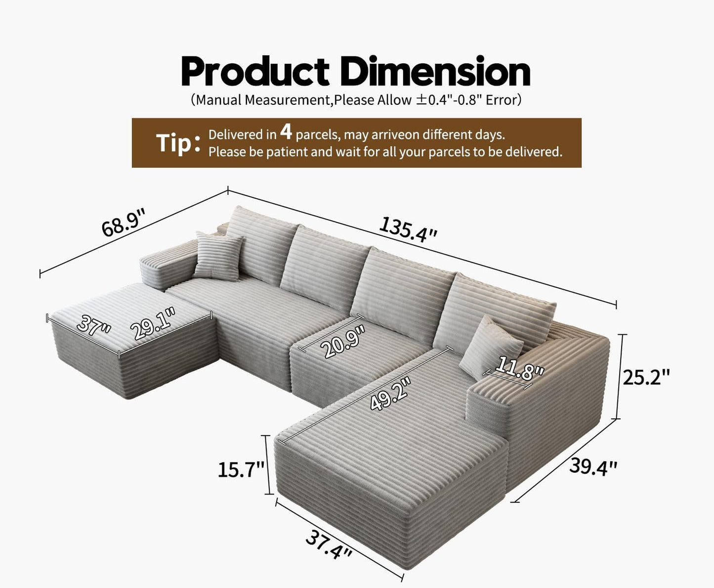 107.5" Cloud Modular Sectional Sofa with 1 Ottoman
