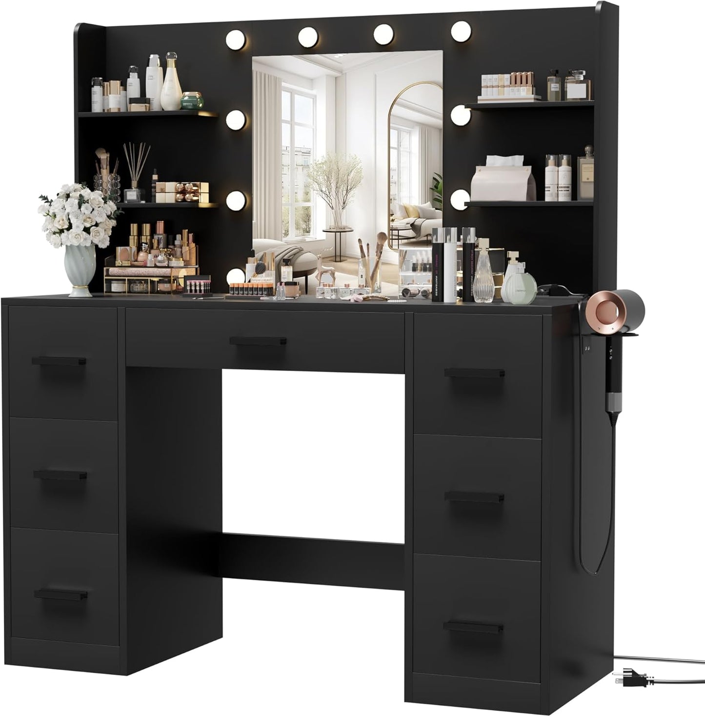 Furmax Vanity Desk with Mirror LED Lights and Power Outlet Makeup Vanity Table