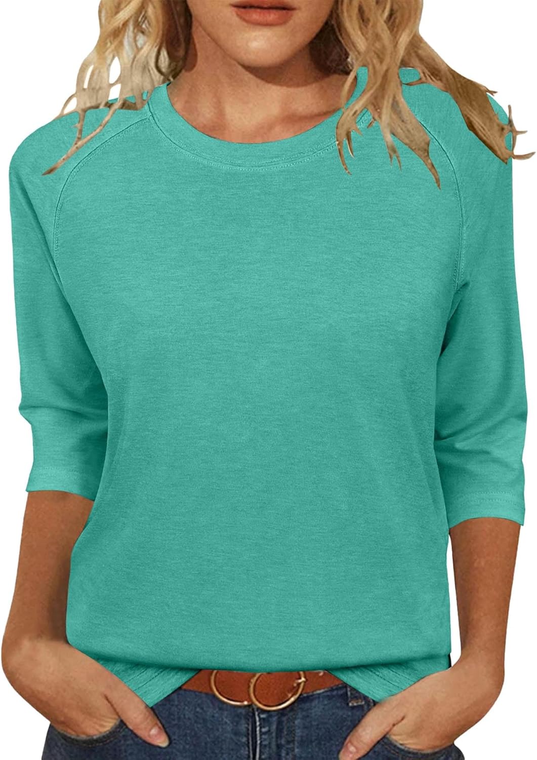 3/4 Sleeve Crew Neck Shirts Loose Fit Tunic Blouses Summer Tees