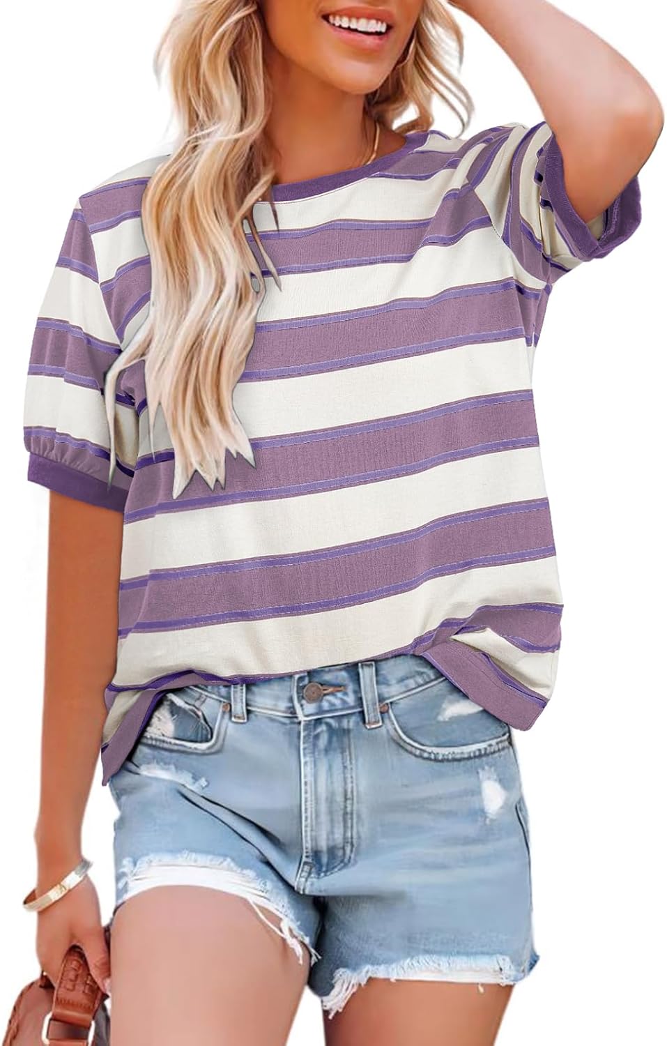 Striped Color Block Short Sleeve T-Shirts Crewneck Casual Loose Basic Tee Blouses
