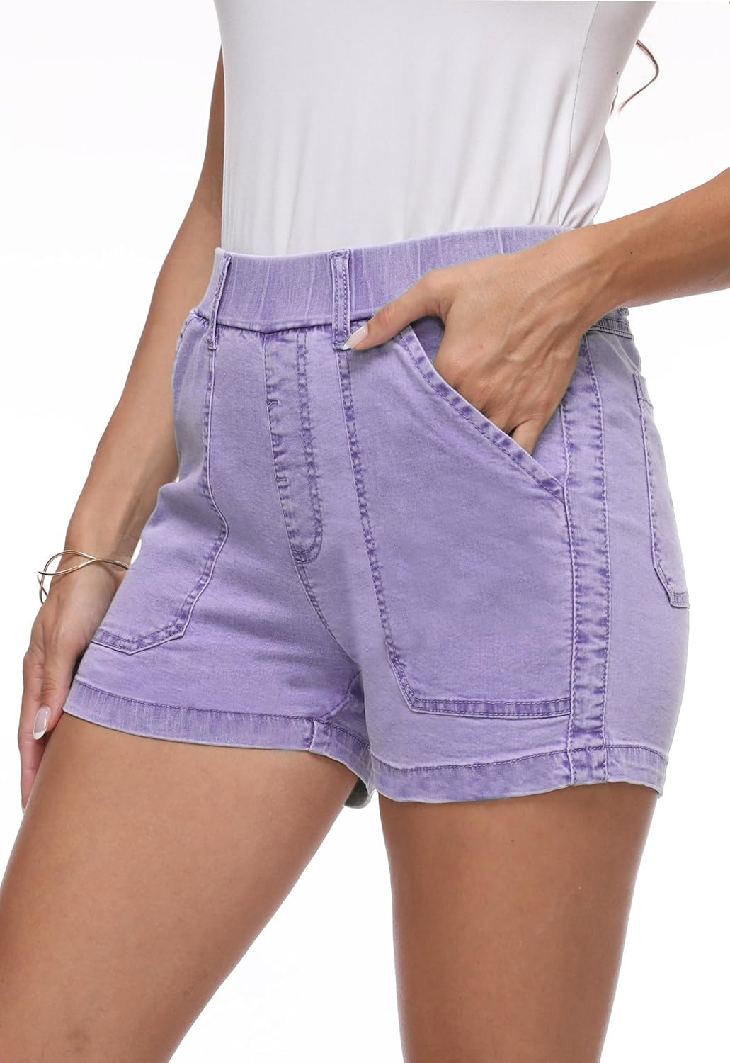 Womens Jean Shorts High Waisted Summer Cotton Elastic Waist Denim Shorts with Pockets