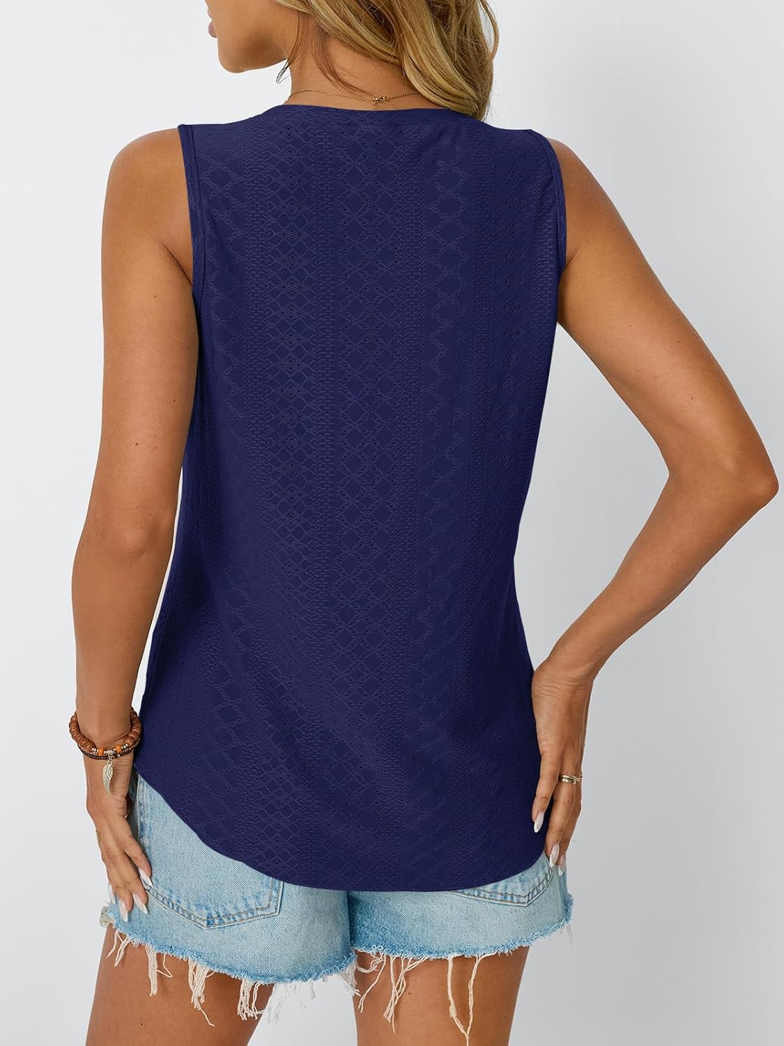 Womens Summer Tank Top Eyelet Embroidery V Neck Sleeveless Loose Fit Casual Shirt