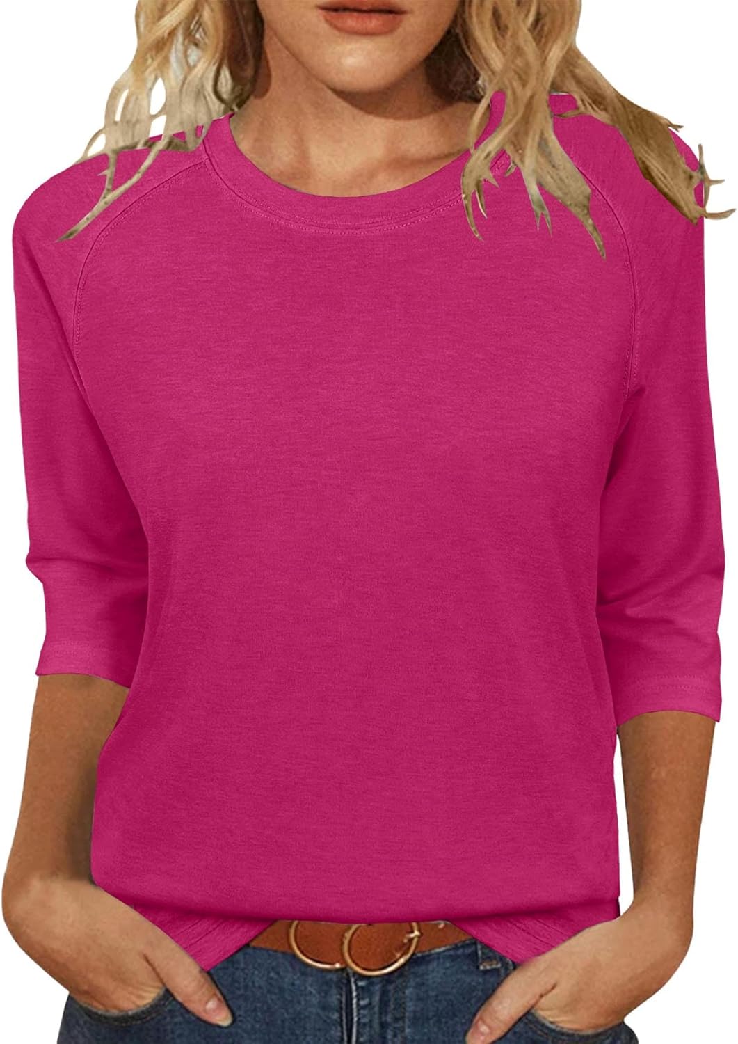 3/4 Sleeve Crew Neck Shirts Loose Fit Tunic Blouses Summer Tees