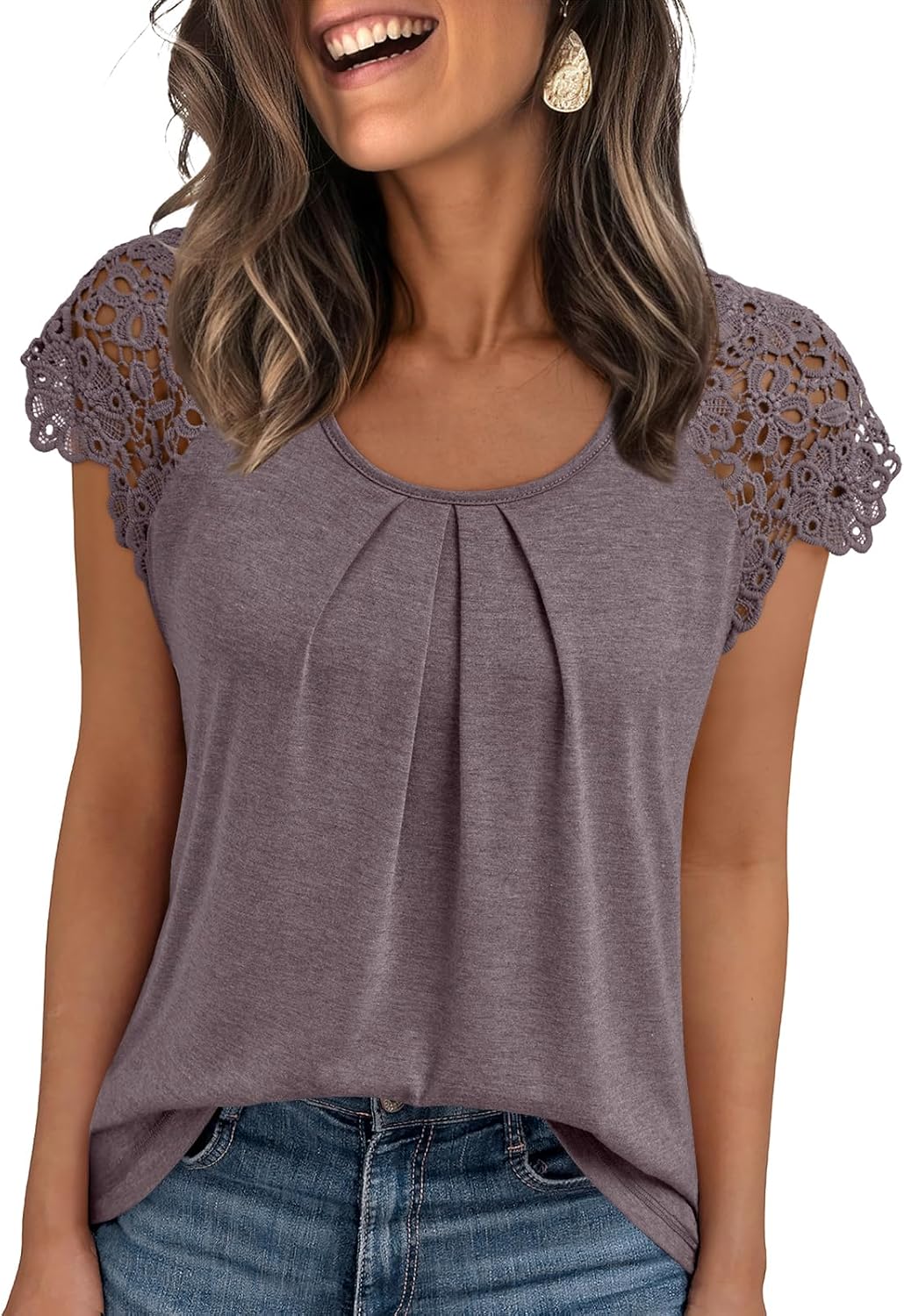 Womens Lace Tops Pleated Short Sleeve Shirts Summer