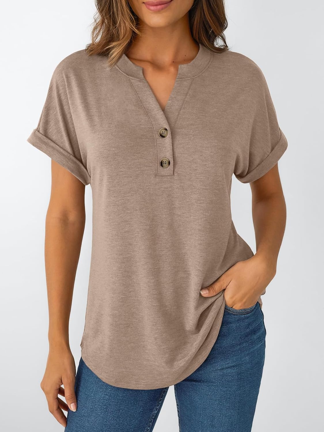 Women's Short Sleeve Shirts Henley Dressy Casual Summer Tops