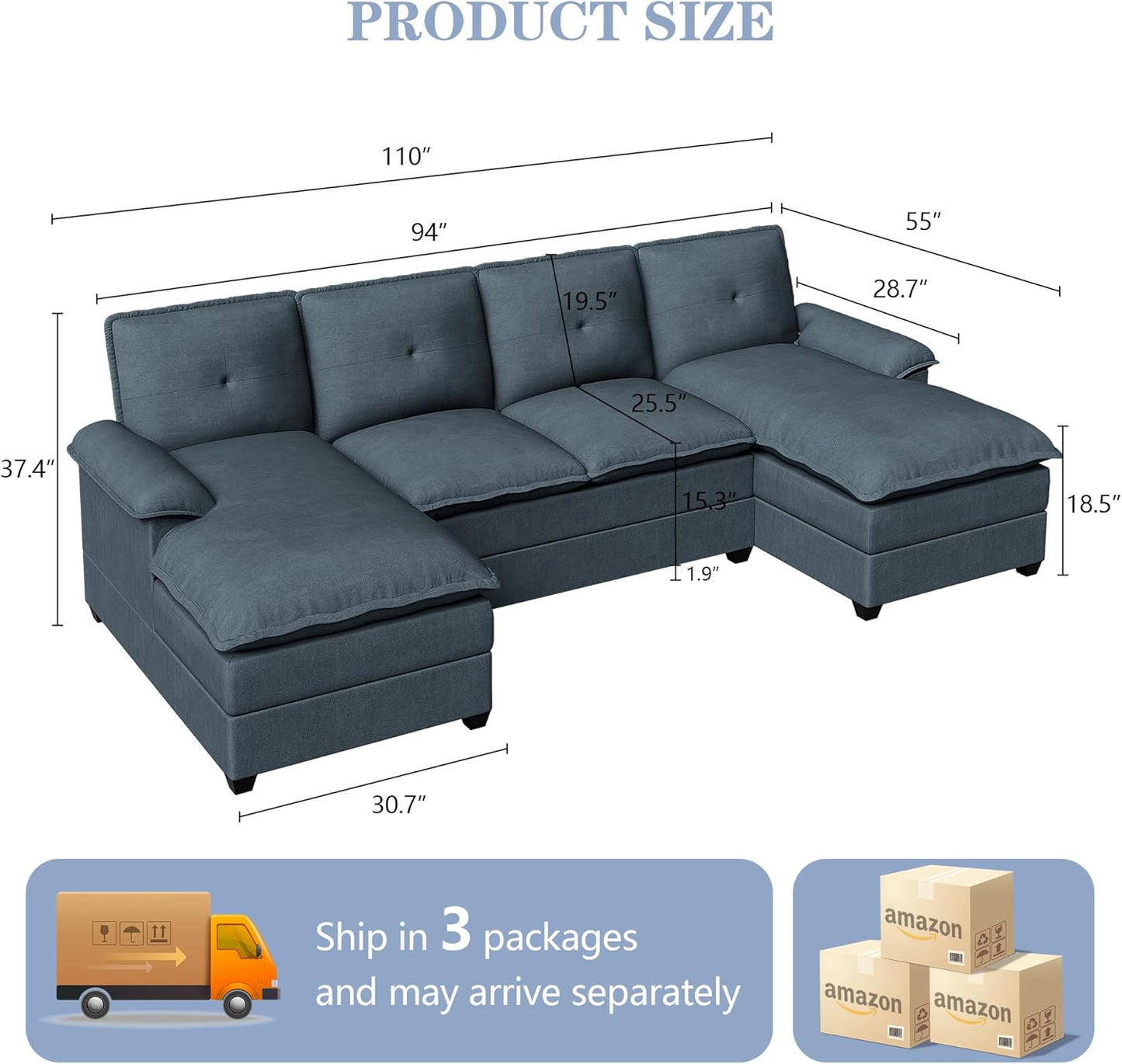 110 Inch U Shaped Sectional Sofa with Double Chaise Black