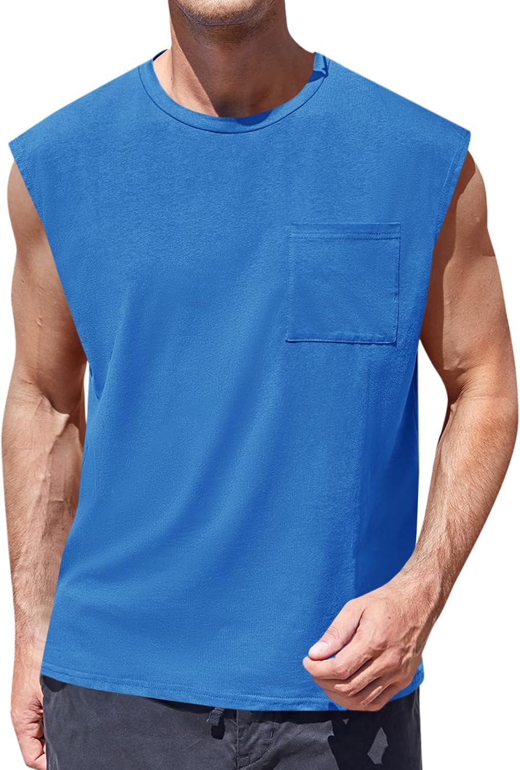 Mens Sleeveless Tank Tops Workout Cut Off Shirts Muscle Gym T Shirts with Pocket