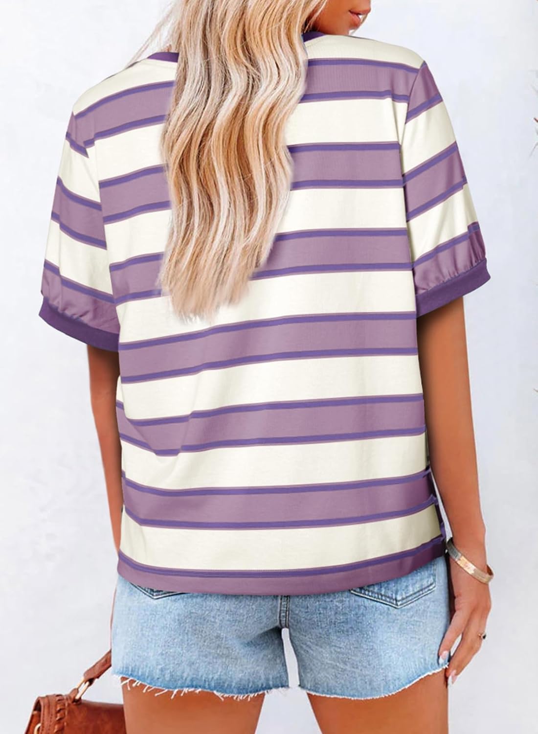 Striped Color Block Short Sleeve T-Shirts Crewneck Casual Loose Basic Tee Blouses