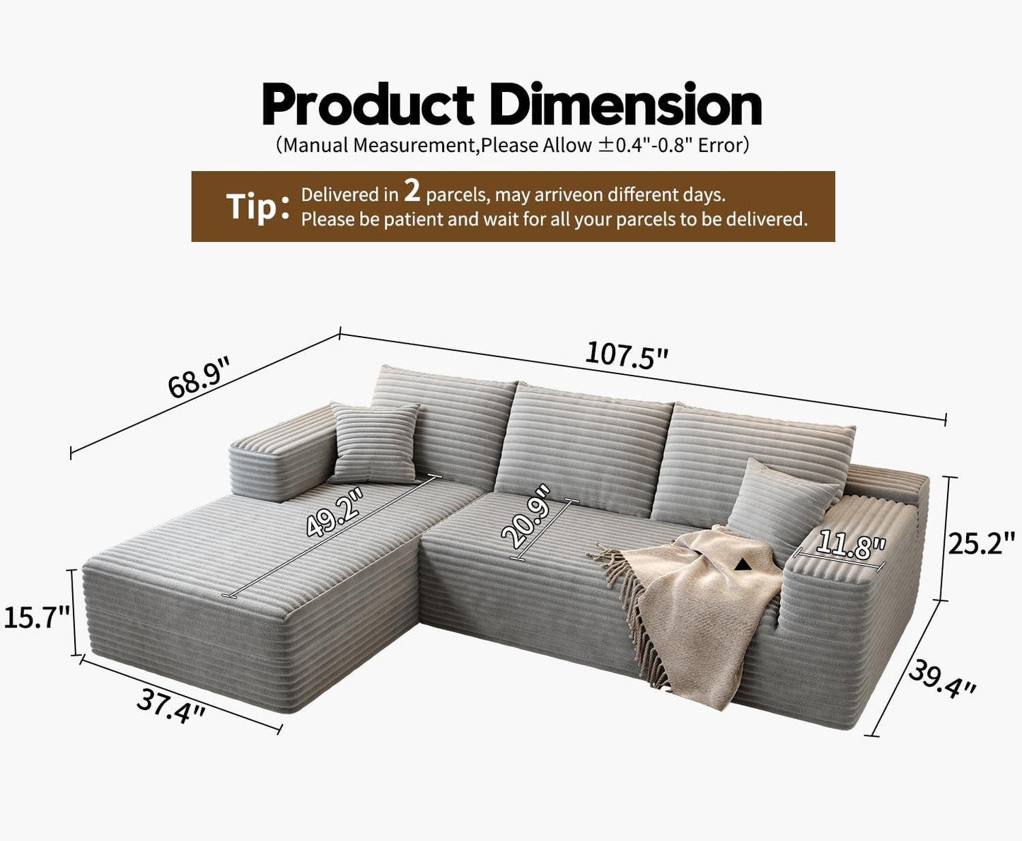 107.5" Cloud Modular Sectional Sofa with 1 Ottoman