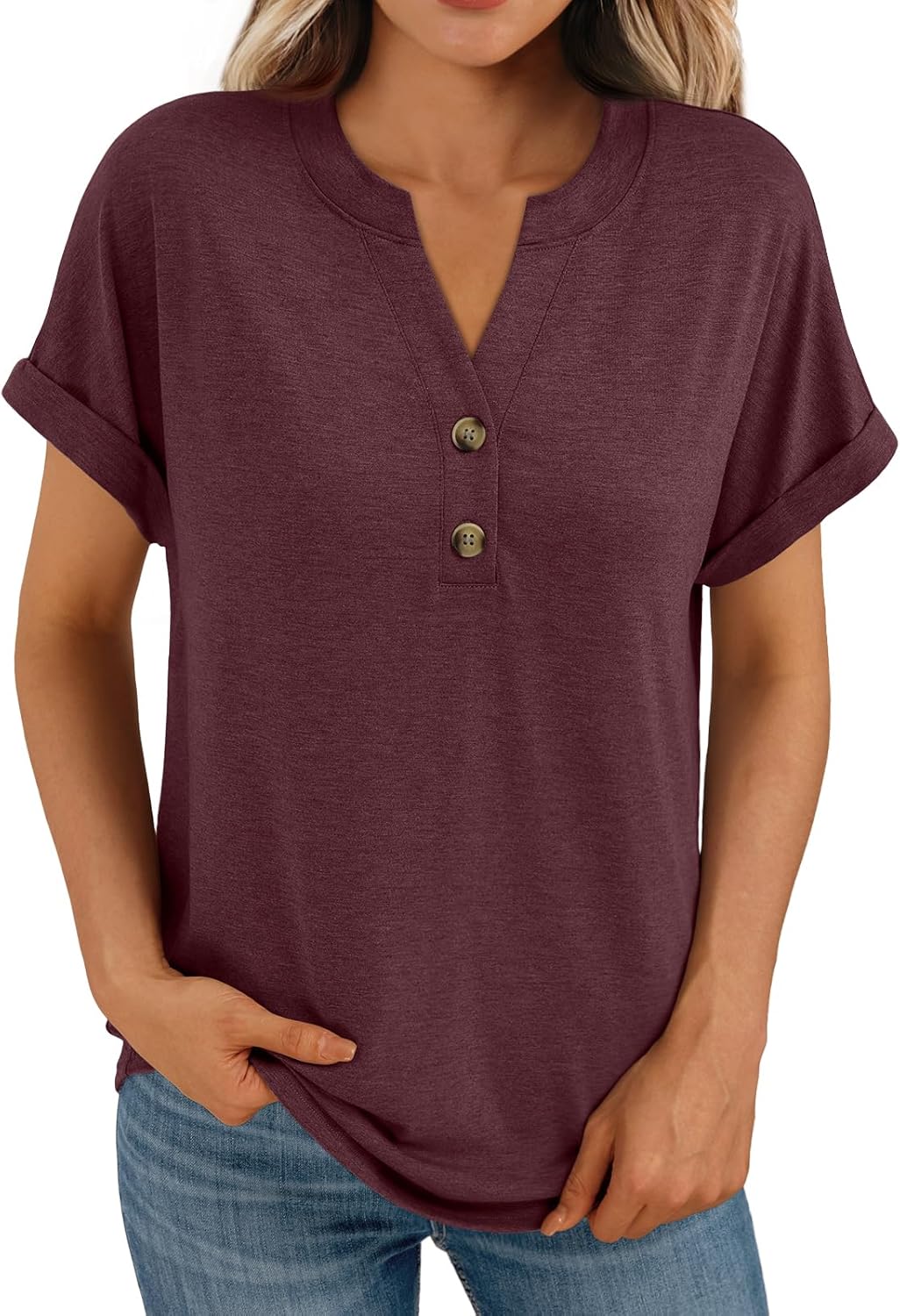 Women's Short Sleeve Shirts Henley Dressy Casual Summer Tops