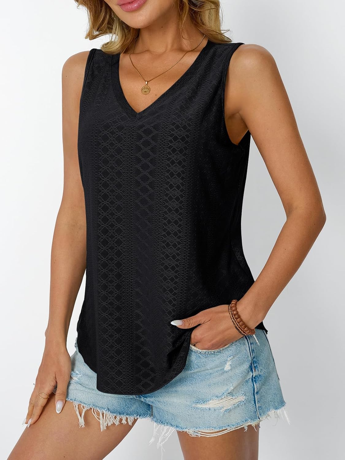 Womens Summer Tank Top Eyelet Embroidery V Neck Sleeveless Loose Fit Casual Shirt