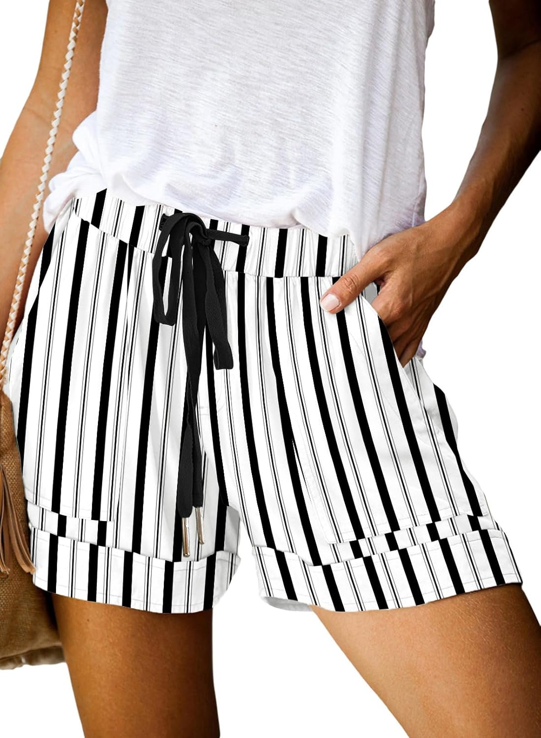 Womens Shorts Cotton Elastic Waist Drawstring Casual Shorts with Pockets
