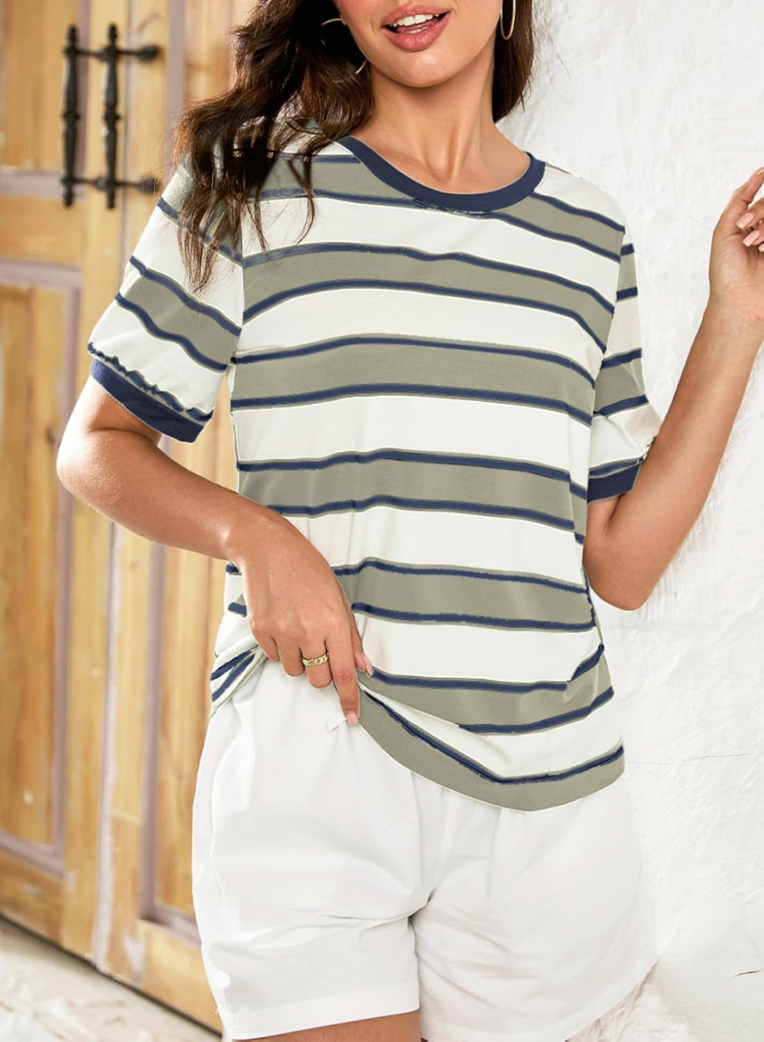 Striped Color Block Short Sleeve T-Shirts Crewneck Casual Loose Basic Tee Blouses