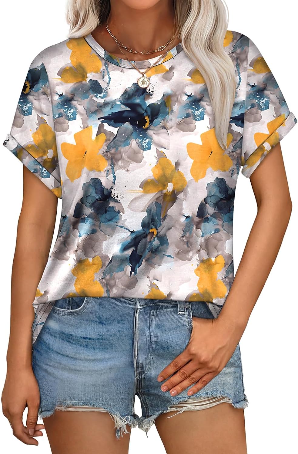Womens T Shirts Crew Neck Rolled Short Sleeve Basic Summer Tees Curved Hem