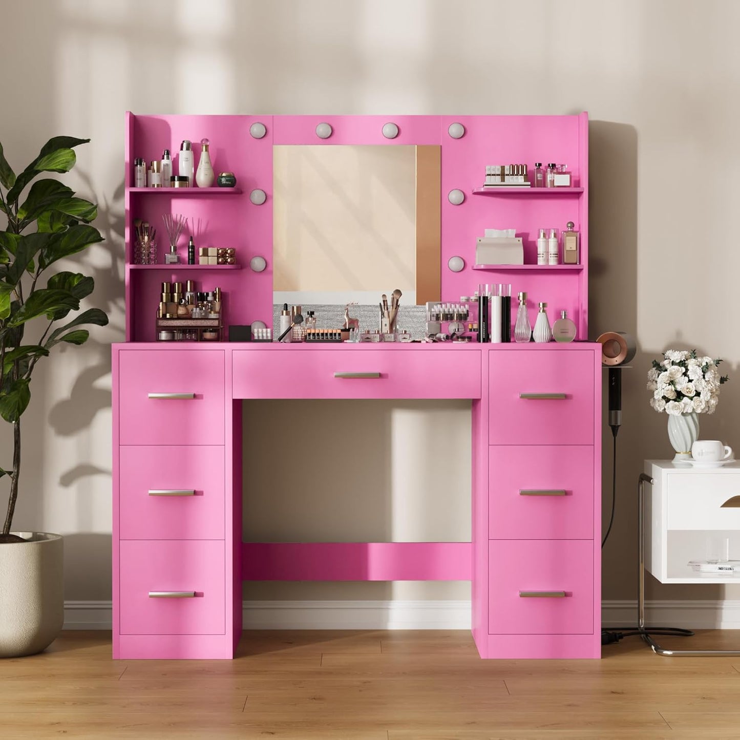 Furmax Vanity Desk with Mirror LED Lights and Power Outlet Makeup Vanity Table
