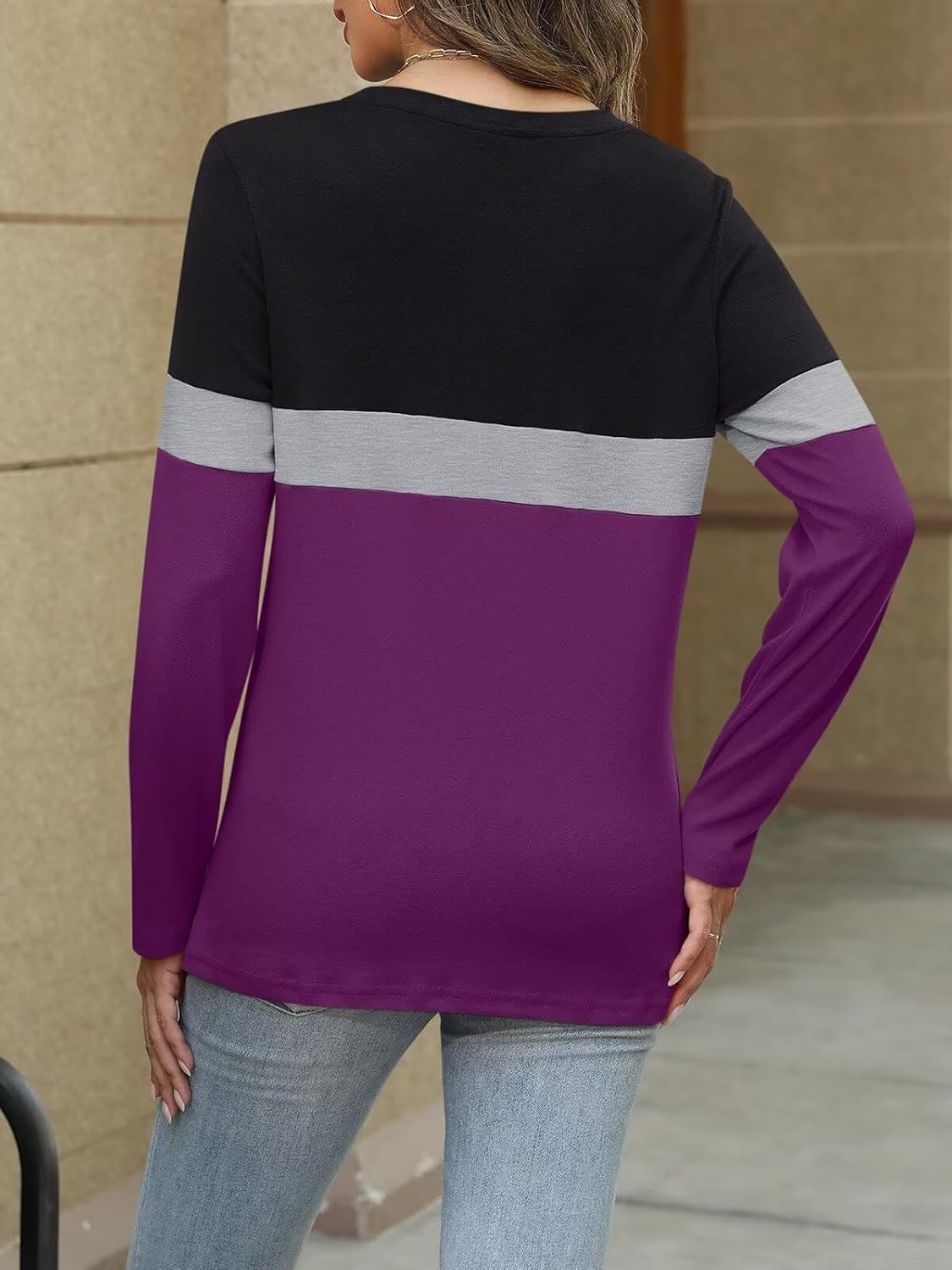 Women Long Sleeve Color Block Tunics Tops Round Neck Shirts Casual Blouses