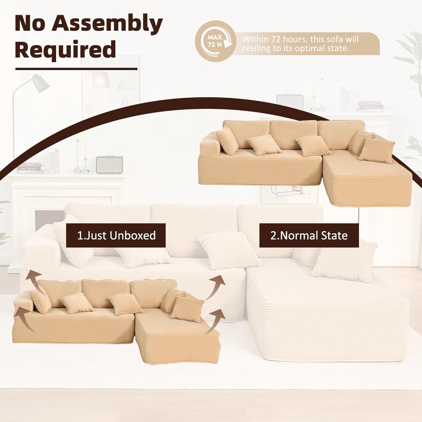 107" Boneless Couch with Deep Seat Cloud Sectional Couch for Living Room