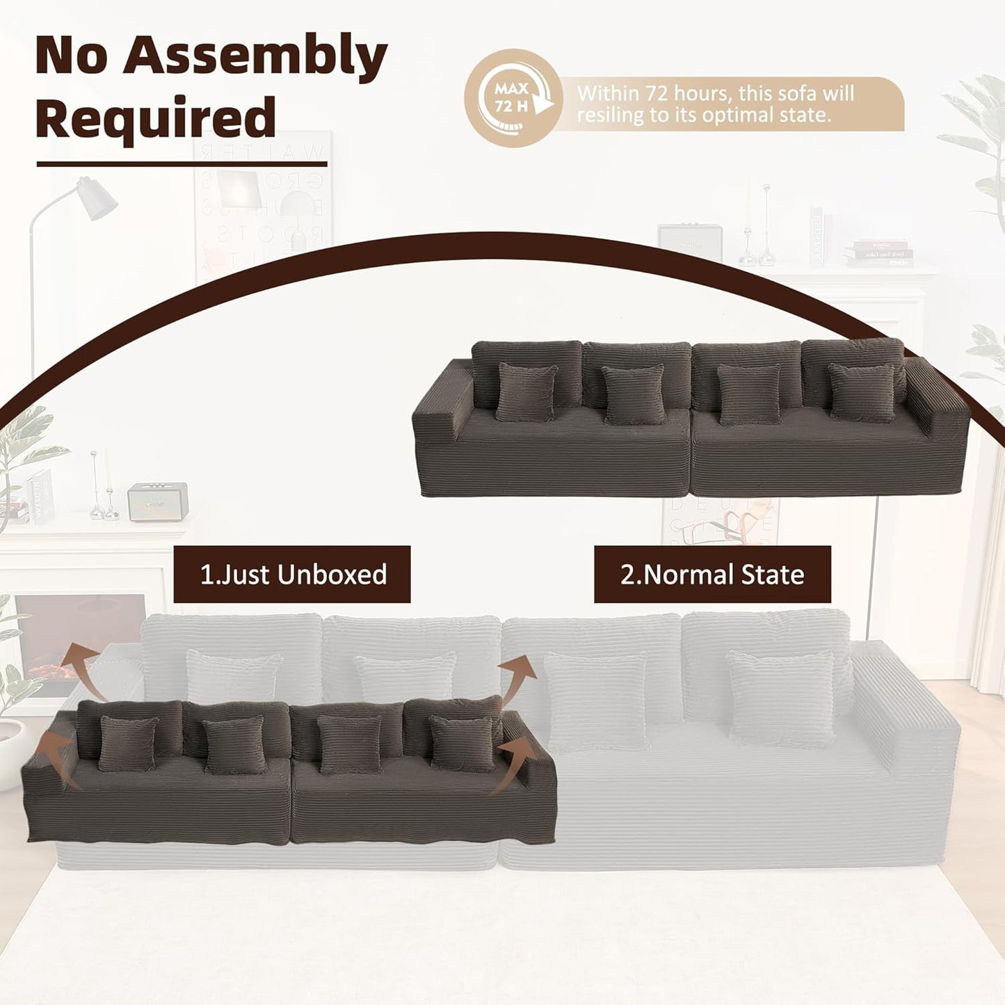 107" Boneless Couch with Deep Seat Cloud Sectional Couch for Living Room