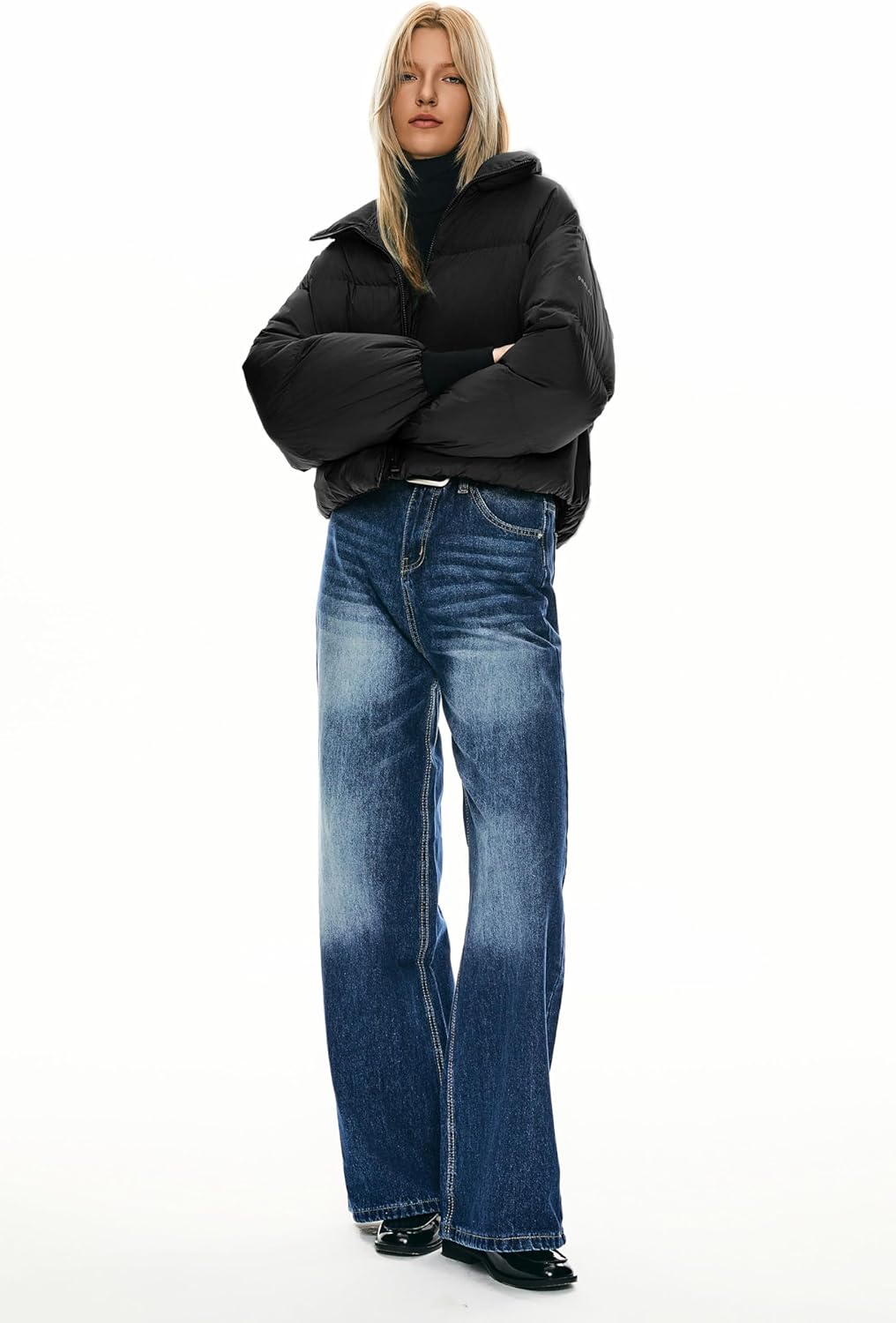 Womens Winter Oversized Cropped Puffer Jacket Zip Up Short Down Coat