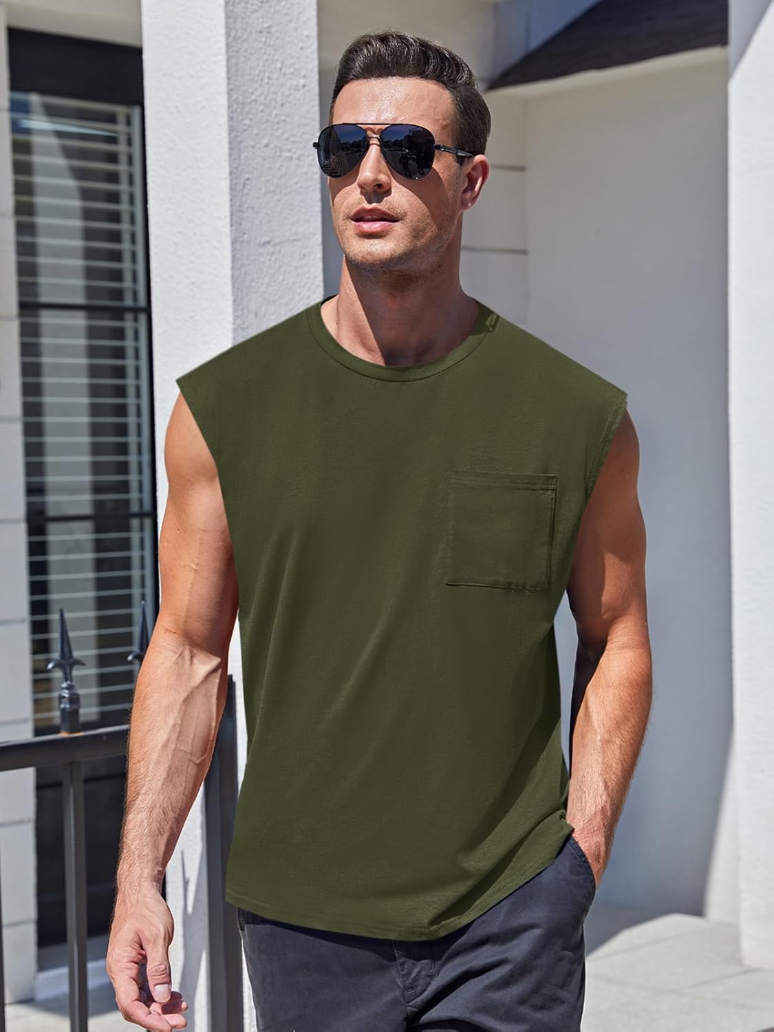 Mens Sleeveless Tank Tops Workout Cut Off Shirts Muscle Gym T Shirts with Pocket