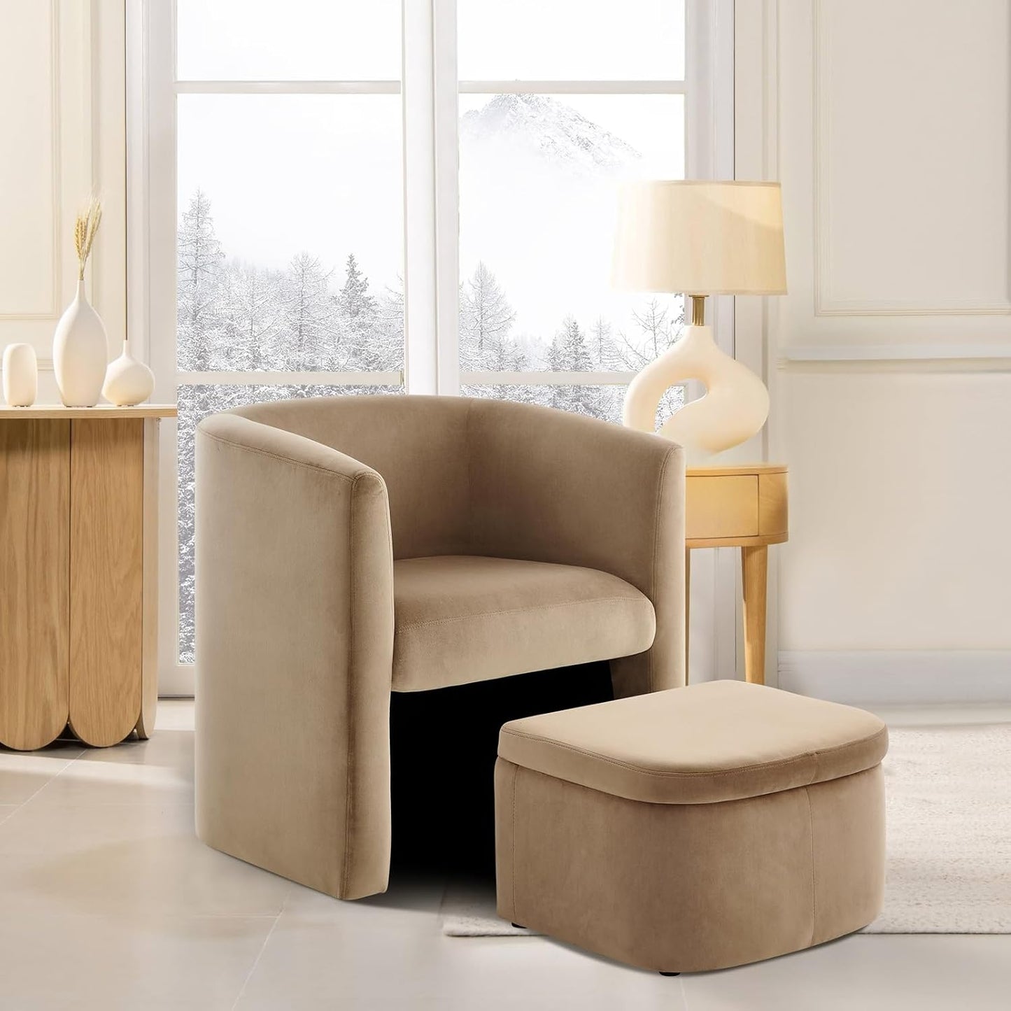 COLAMY Upholstered Velvet Barrel Accent Chair with Storage Ottoman