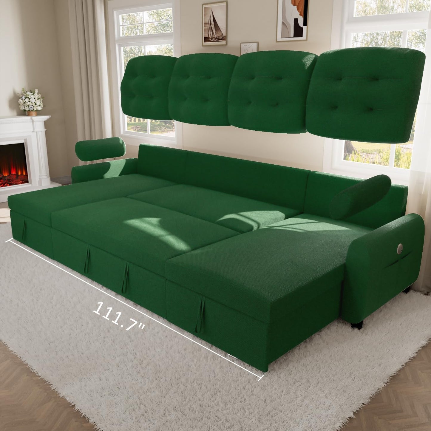Sectional Sleeper Sofa with Storage Chaise USB Port, Side Pocket Removable Back 87" Couch in Black Linen