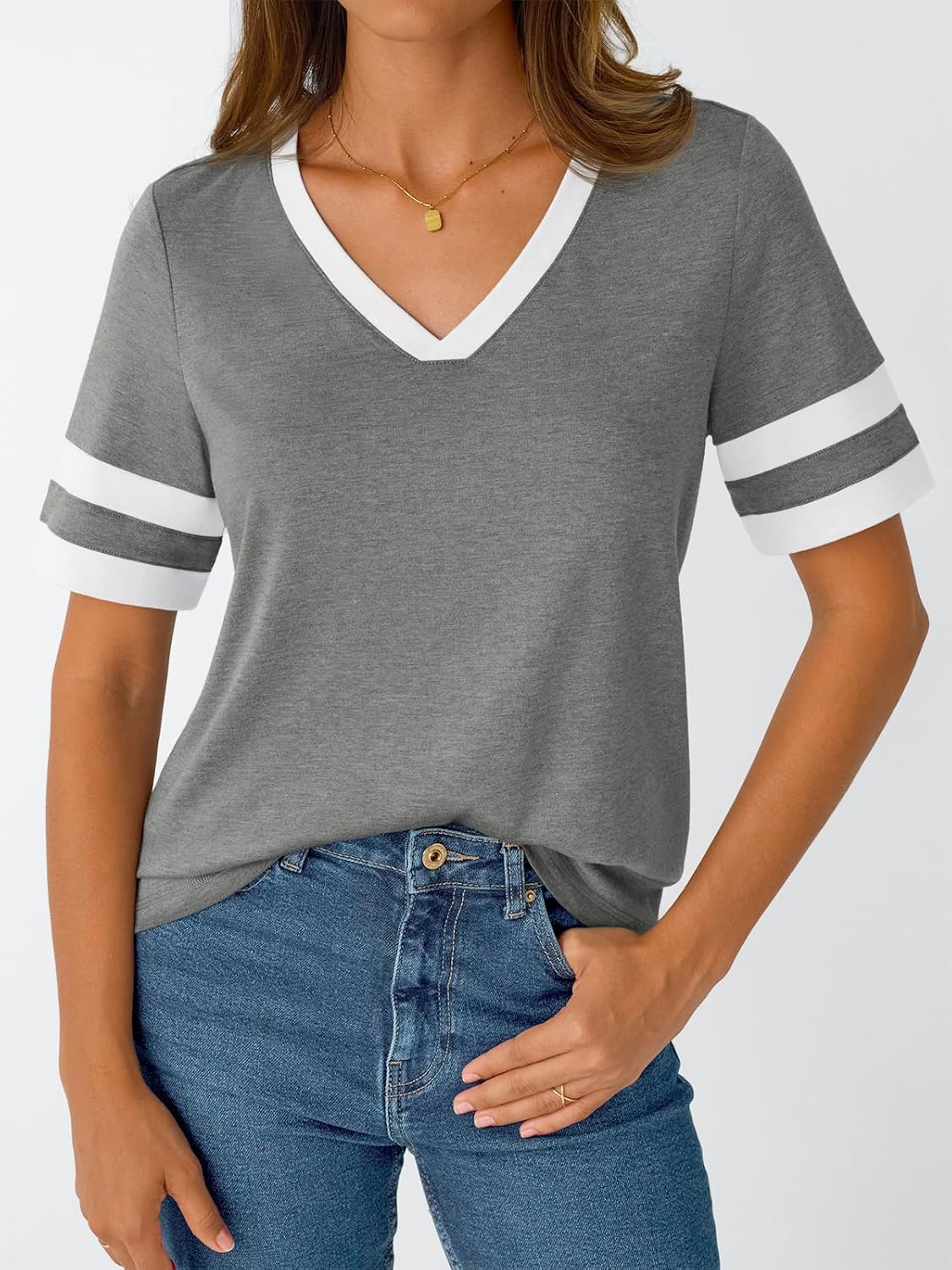 Women's Short Sleeve V Neck T Shirts Trendy Casual Spring Tops