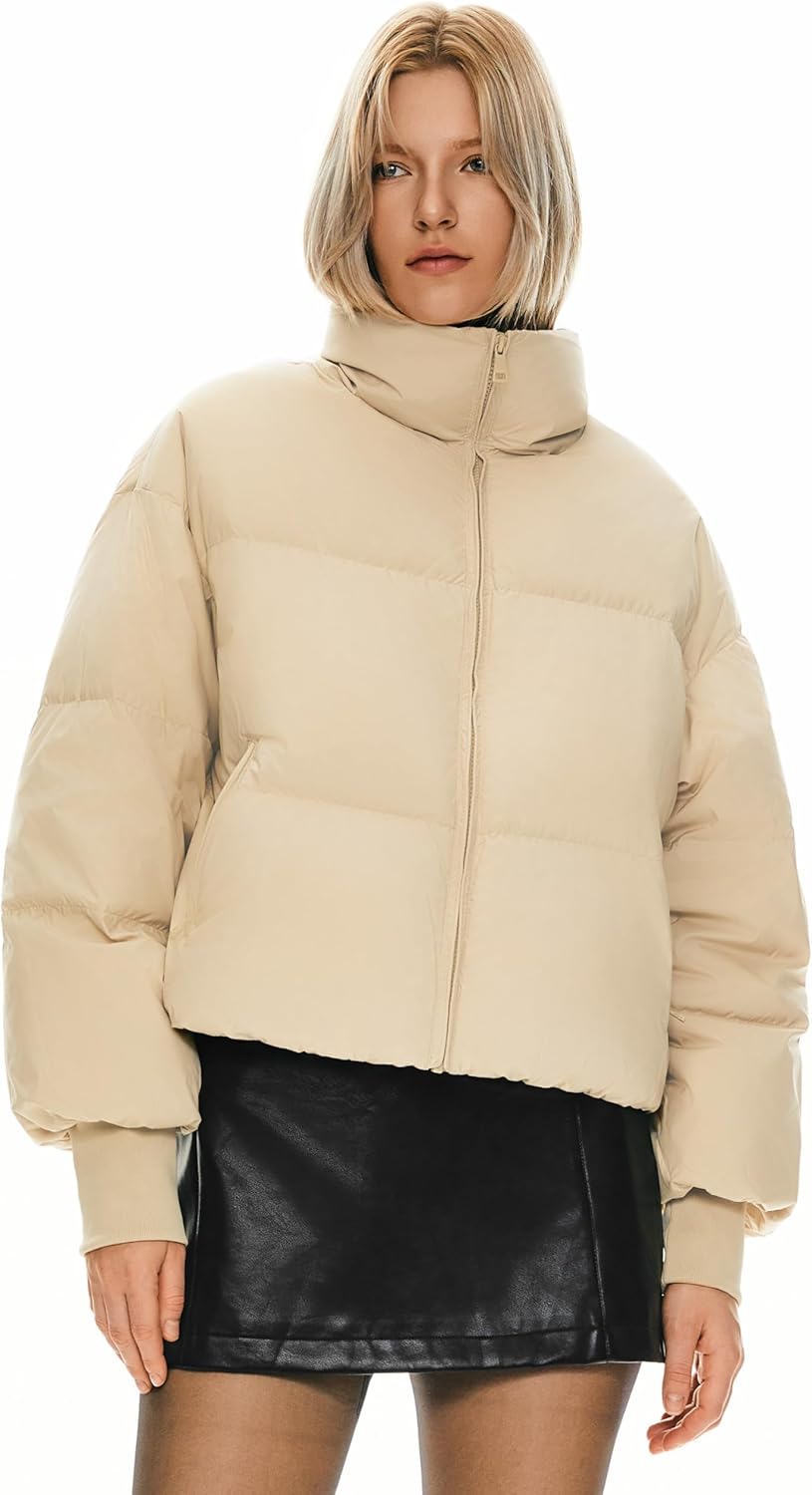 Womens Winter Oversized Cropped Puffer Jacket Zip Up Short Down Coat