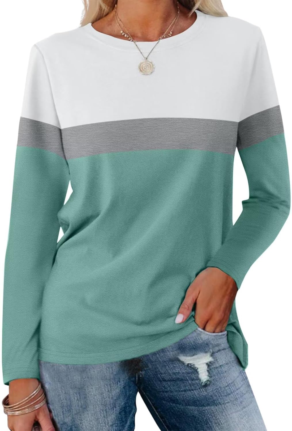Women Long Sleeve Color Block Tunics Tops Round Neck Shirts Casual Blouses
