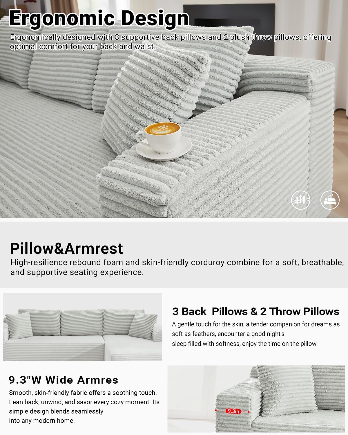 105 Inch Cloud Sectional Couch with Deep Seat