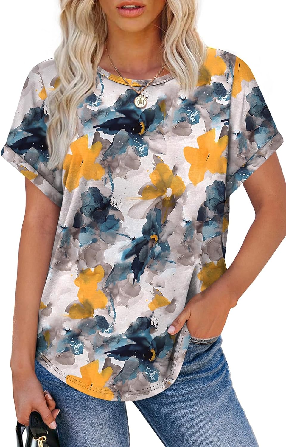 Womens T Shirts Crew Neck Rolled Short Sleeve Basic Summer Tees Curved Hem