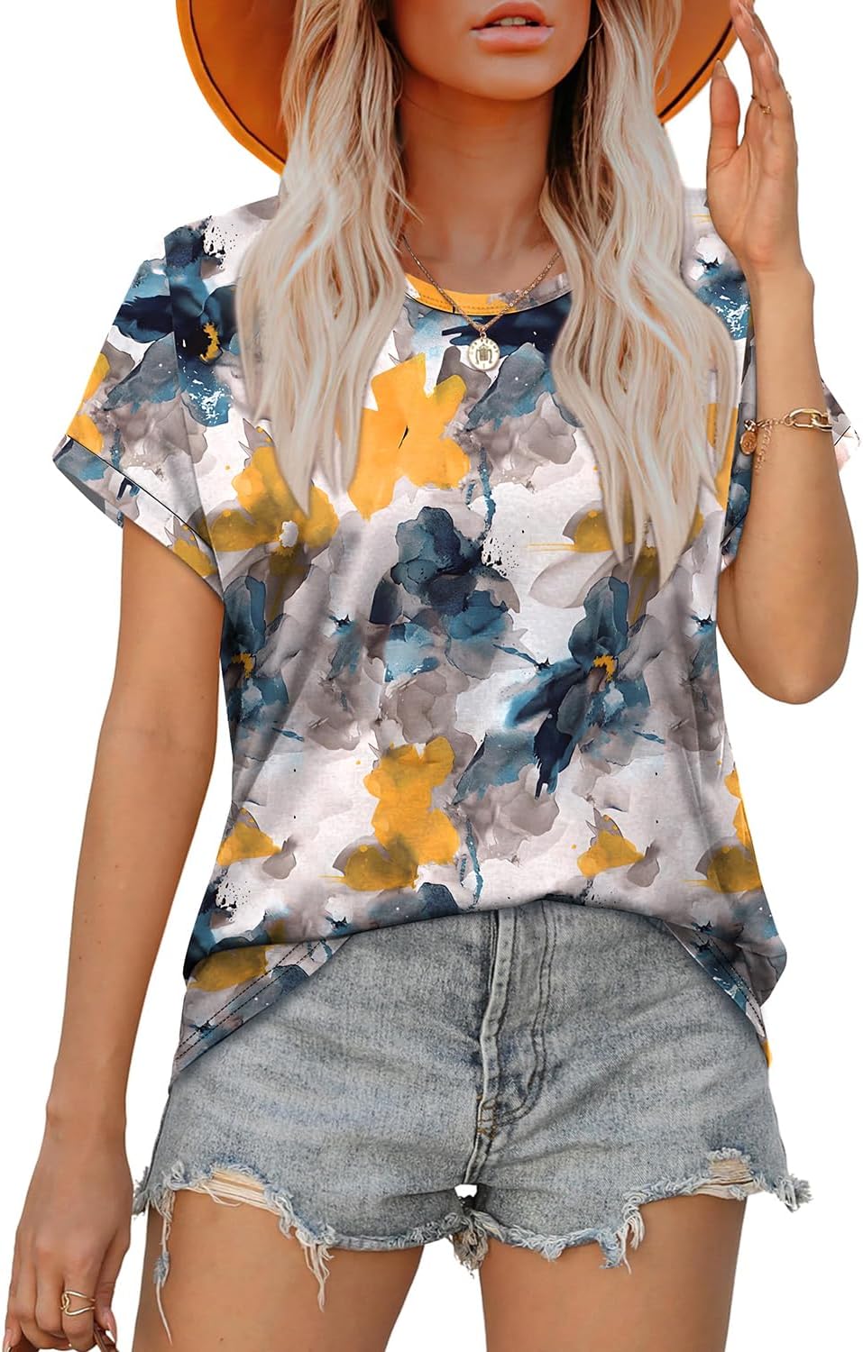 Womens T Shirts Crew Neck Rolled Short Sleeve Basic Summer Tees Curved Hem