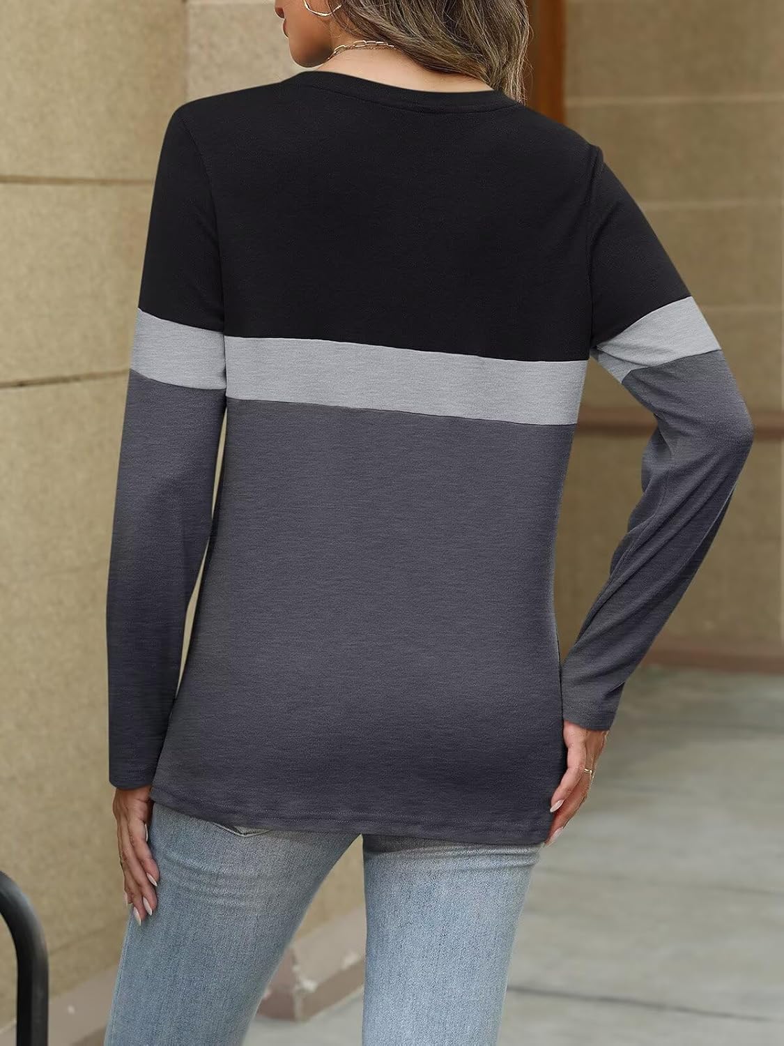 Women Long Sleeve Color Block Tunics Tops Round Neck Shirts Casual Blouses