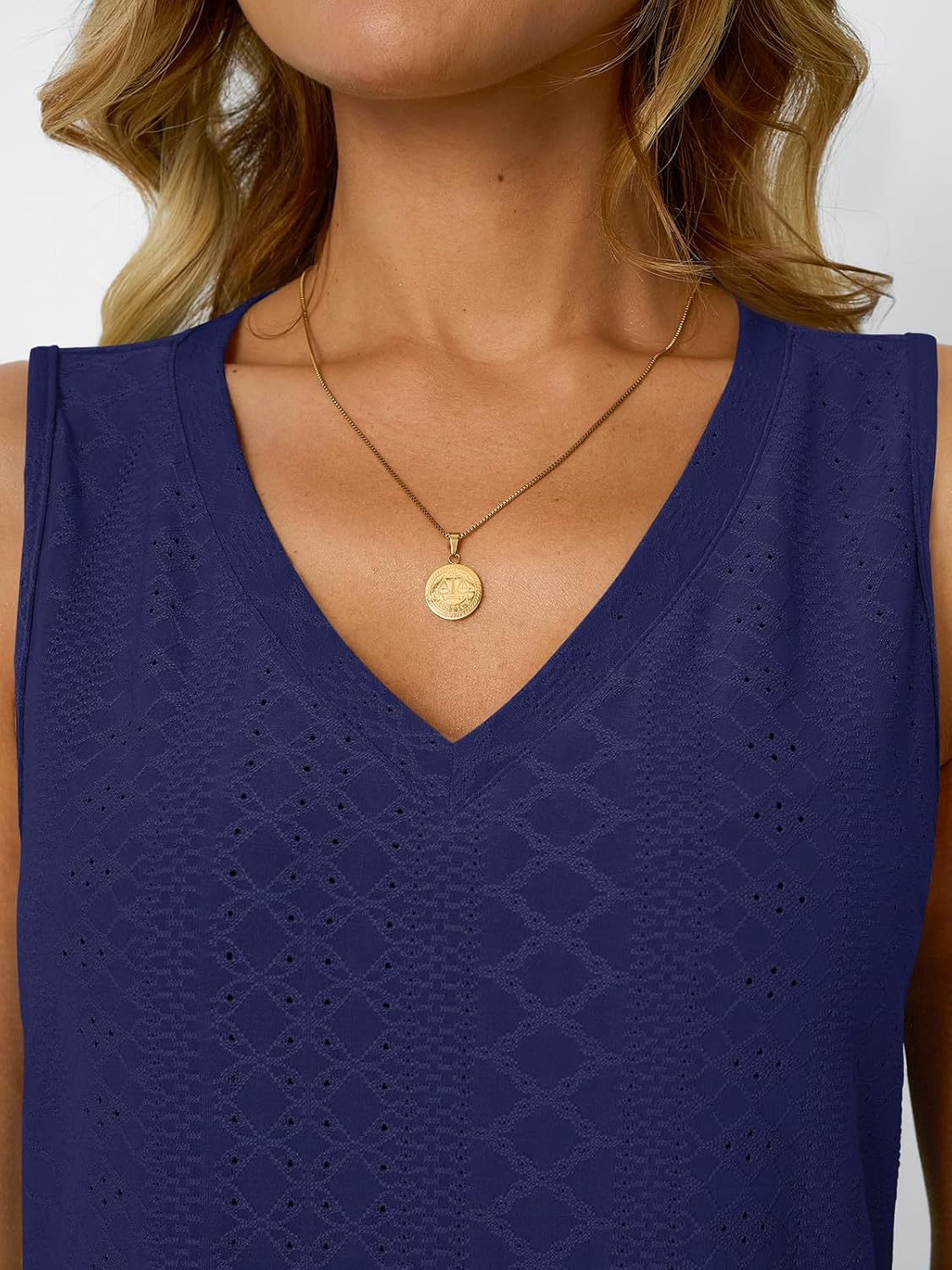 Womens Summer Tank Top Eyelet Embroidery V Neck Sleeveless Loose Fit Casual Shirt