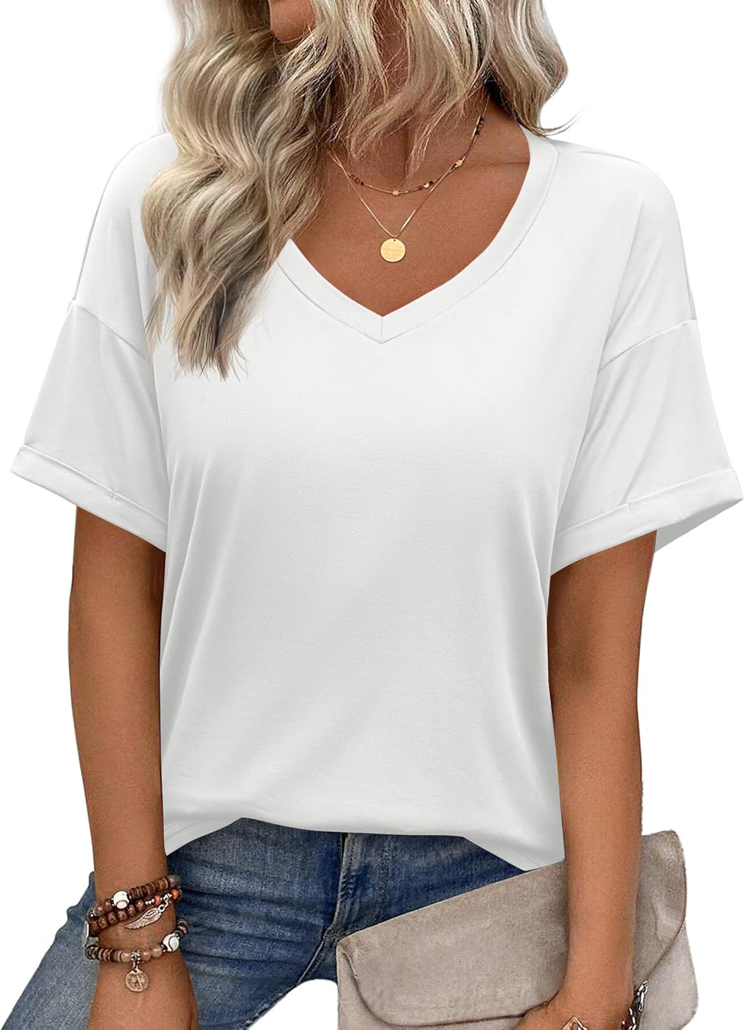 Short Sleeve Casual Shirts Floral Tee Basics V Neck Plain T-shirt