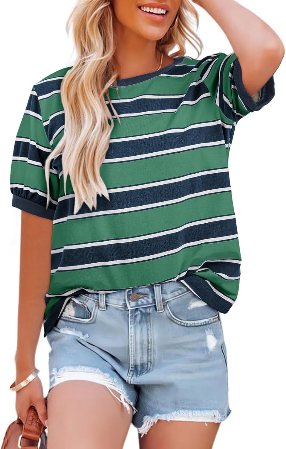 Striped Color Block Short Sleeve T-Shirts Crewneck Casual Loose Basic Tee Blouses