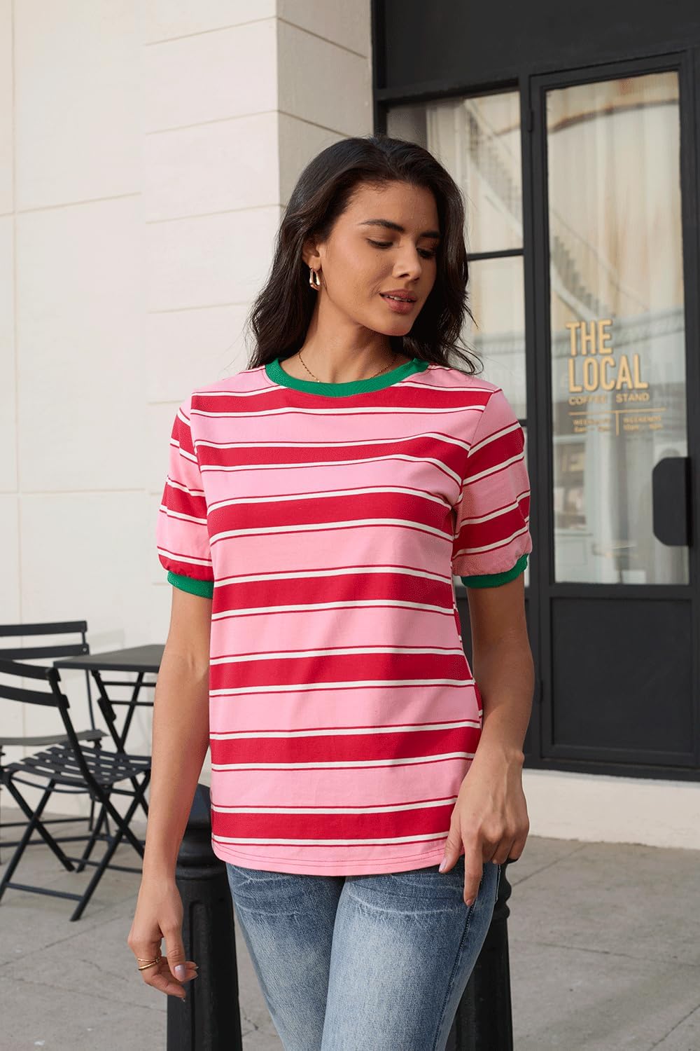 Womens Tops Cotton Casual Color Block Striped Short Sleeve Shirts Crewneck T Shirts