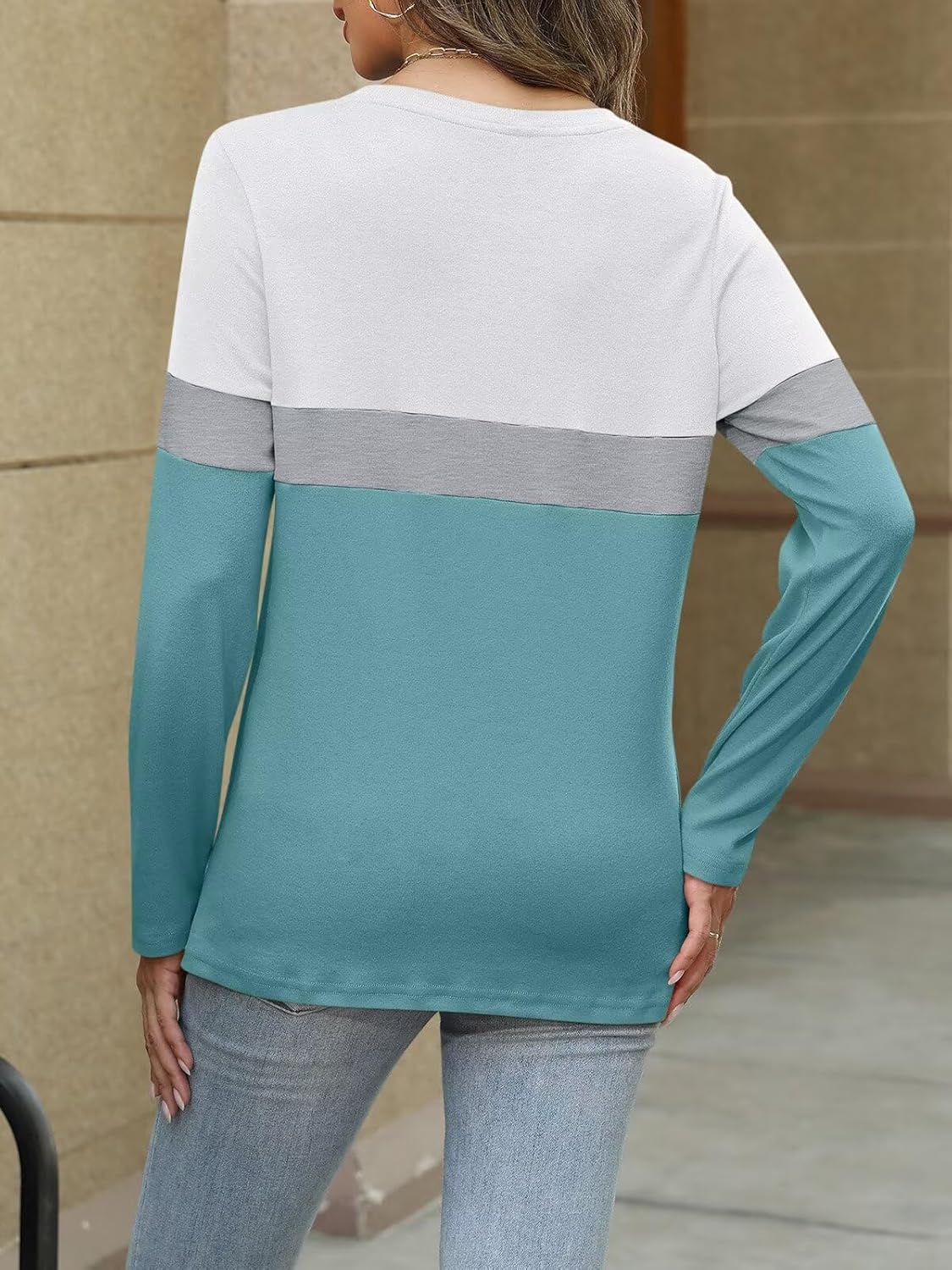 Women Long Sleeve Color Block Tunics Tops Round Neck Shirts Casual Blouses