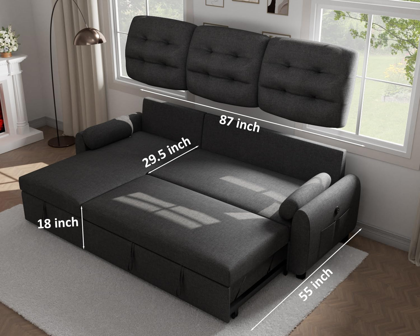 Sectional Sleeper Sofa with Storage Chaise USB Port, Side Pocket Removable Back 87" Couch in Black Linen