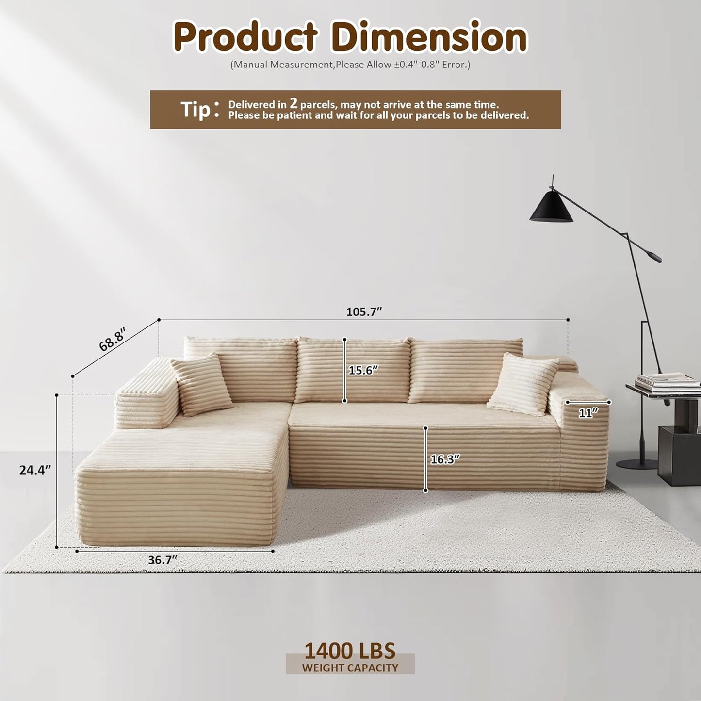 104" Cloud Sectional Couch with L-Shape Chaise