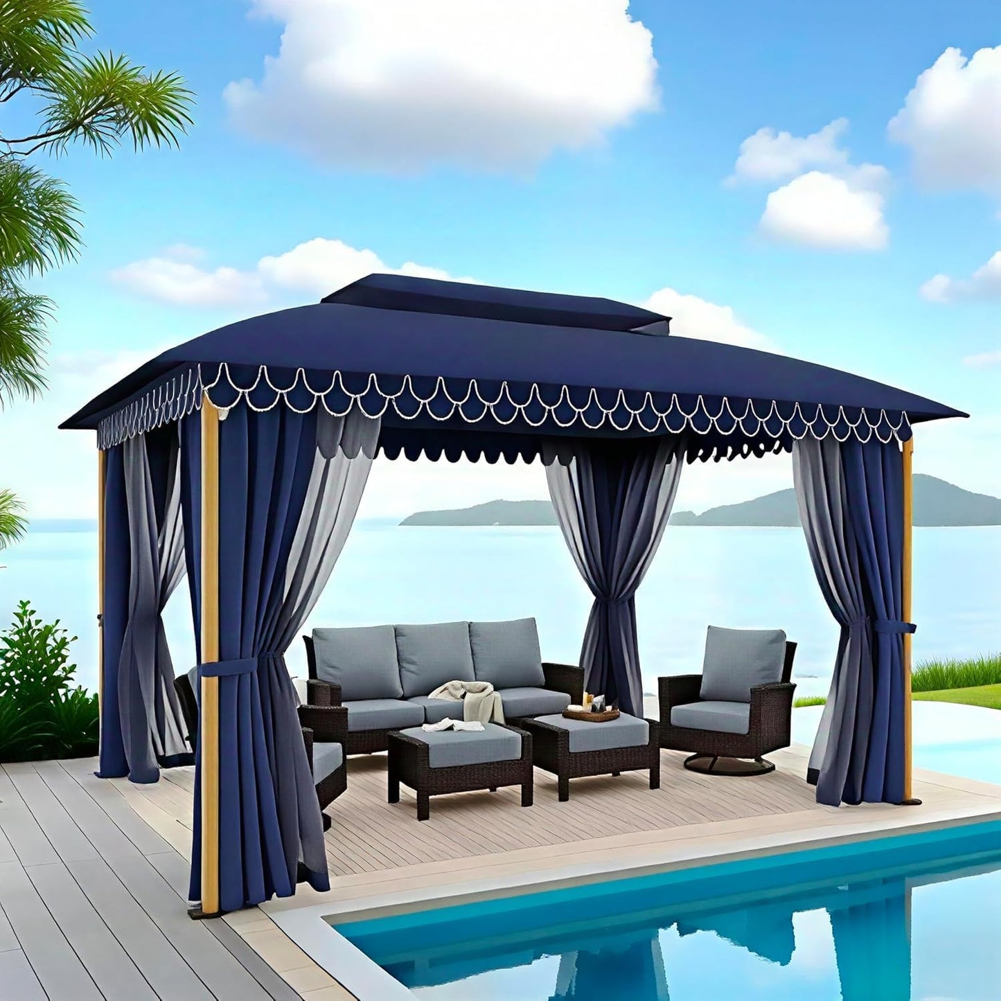 10x13 Outdoor with Screened Double Roof Heavy-Duty Patio Canopy Tent Dark Blue