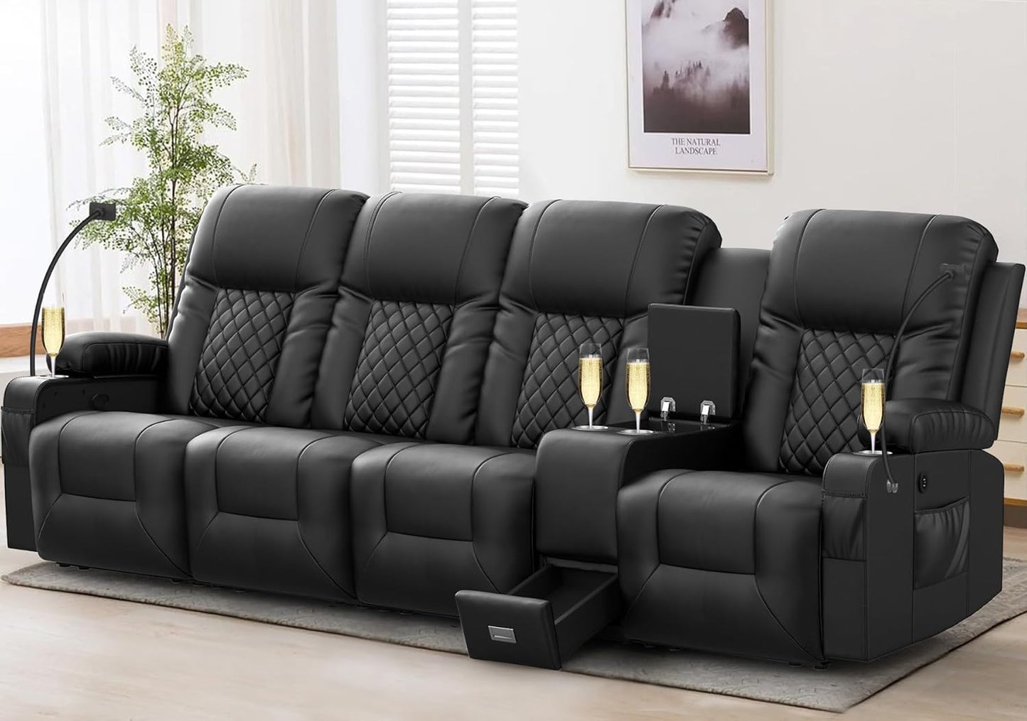 YONISEE 3 Seat Recliner Sofa, Large Reclining Sofa with Storage Console, Manual Reclining Chair with USB Ports, 2 Cell Phone Holder, 3 Seater Loveseat Recliner Couch for Living Room